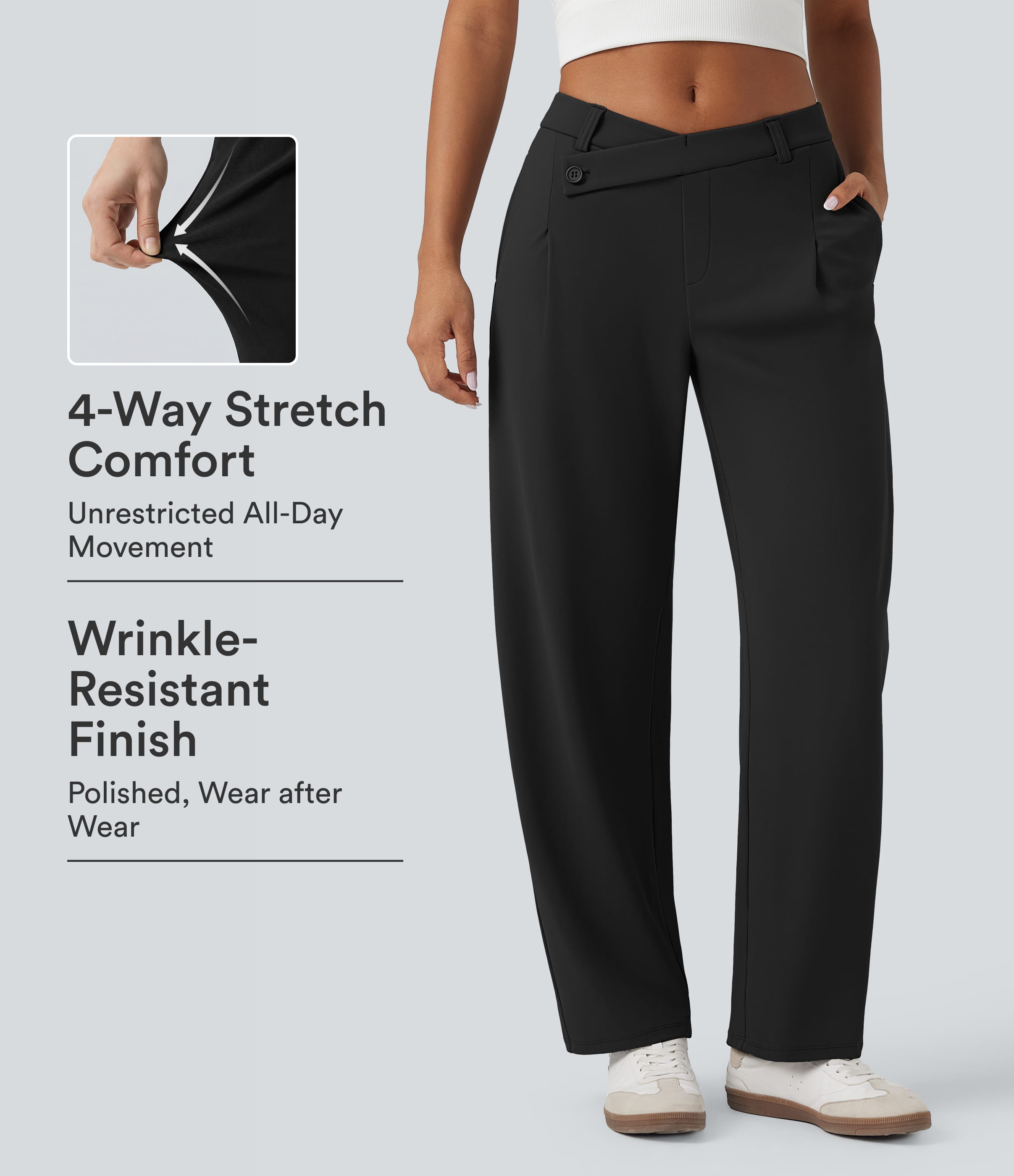 Asymmetrische, mittelhoch sitzende, lässig geschnittene, schmal zulaufende Hose mit Taschen