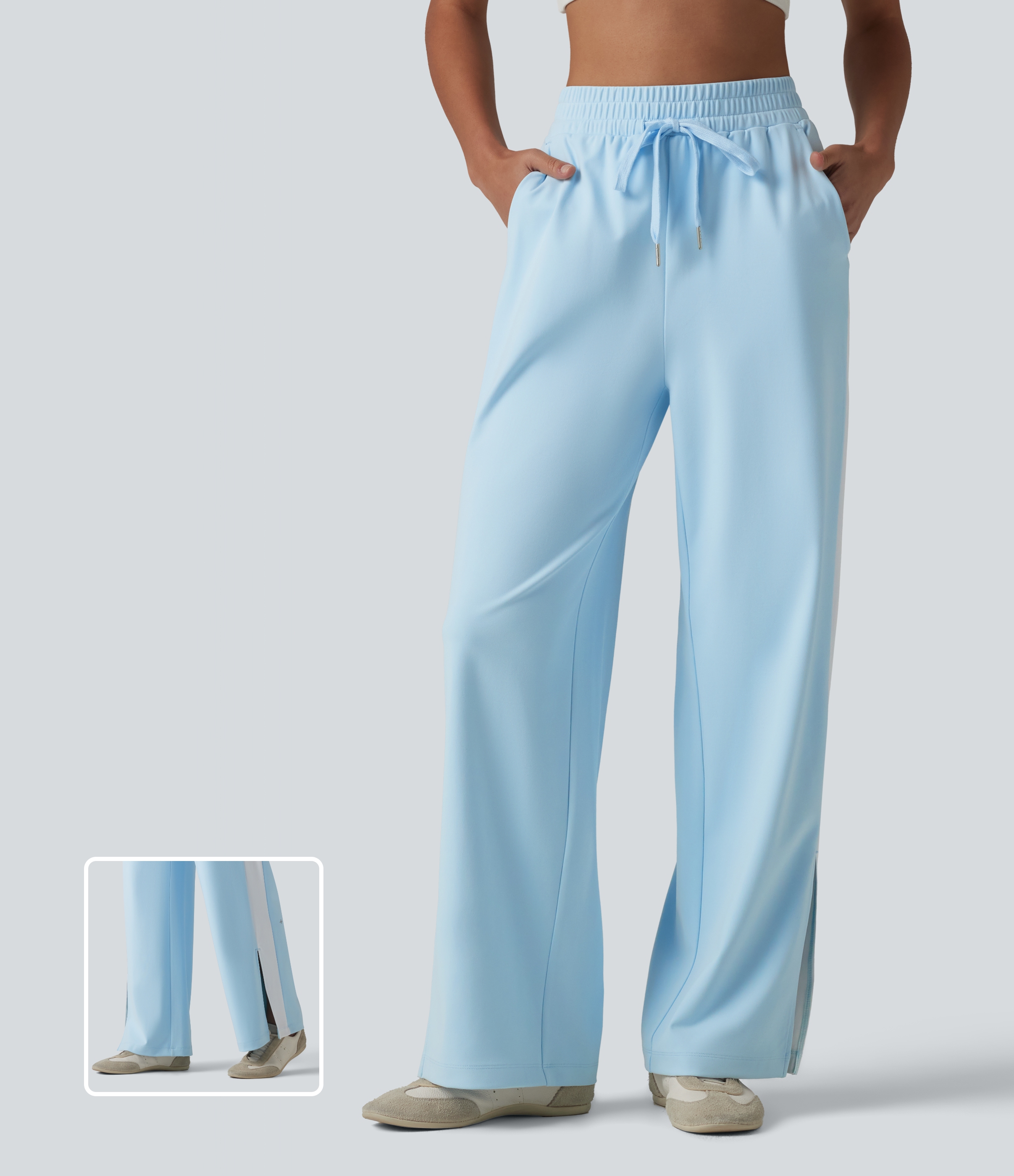 DayStretch High Waisted Drawstring Color Block Stripe Split Straight Leg Yoga Pants with Pockets