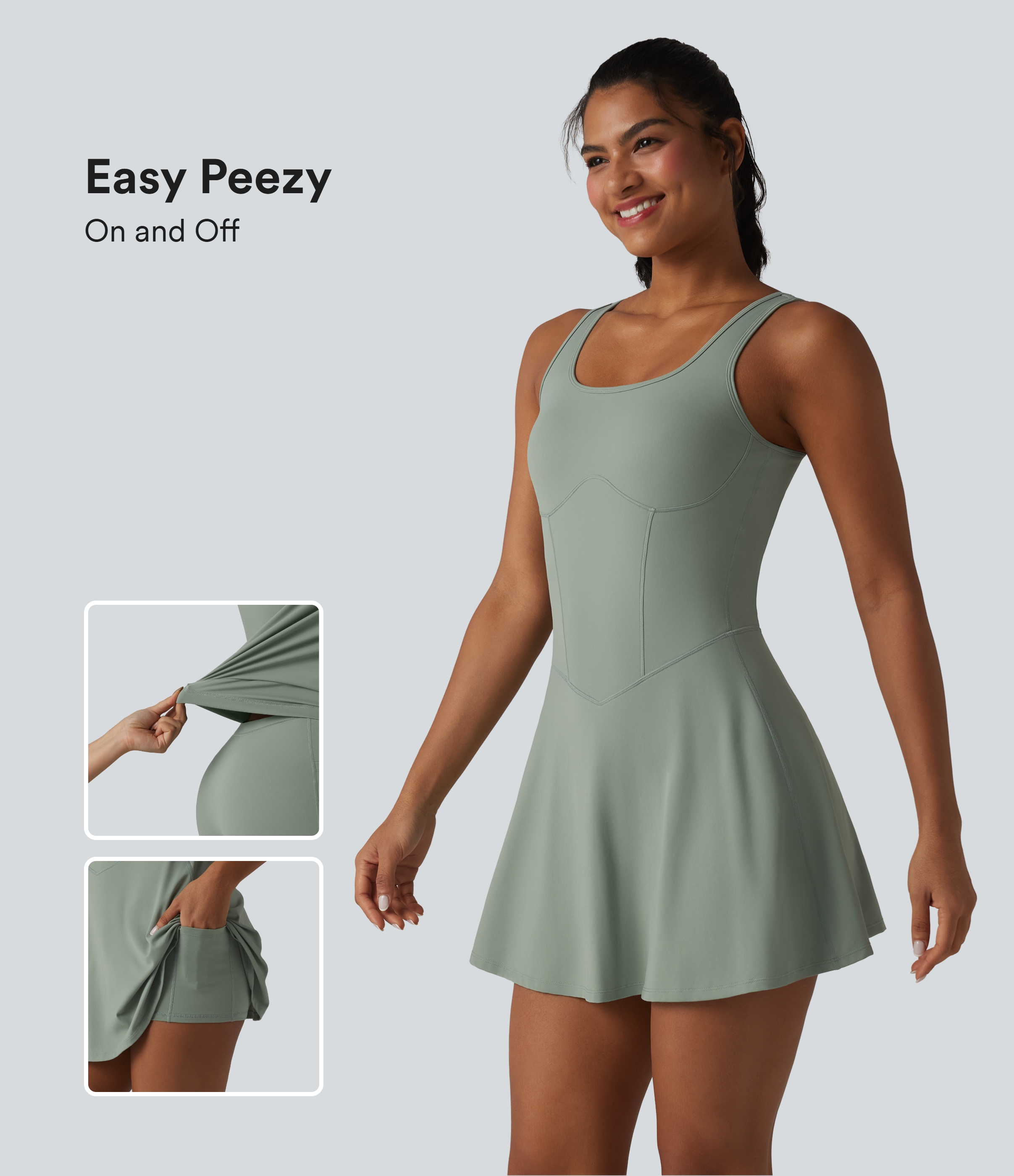 Robe de sport mini sans manches à col en U avec soutien-gorge intégré 2 en 1 et poches - Easy Peezy