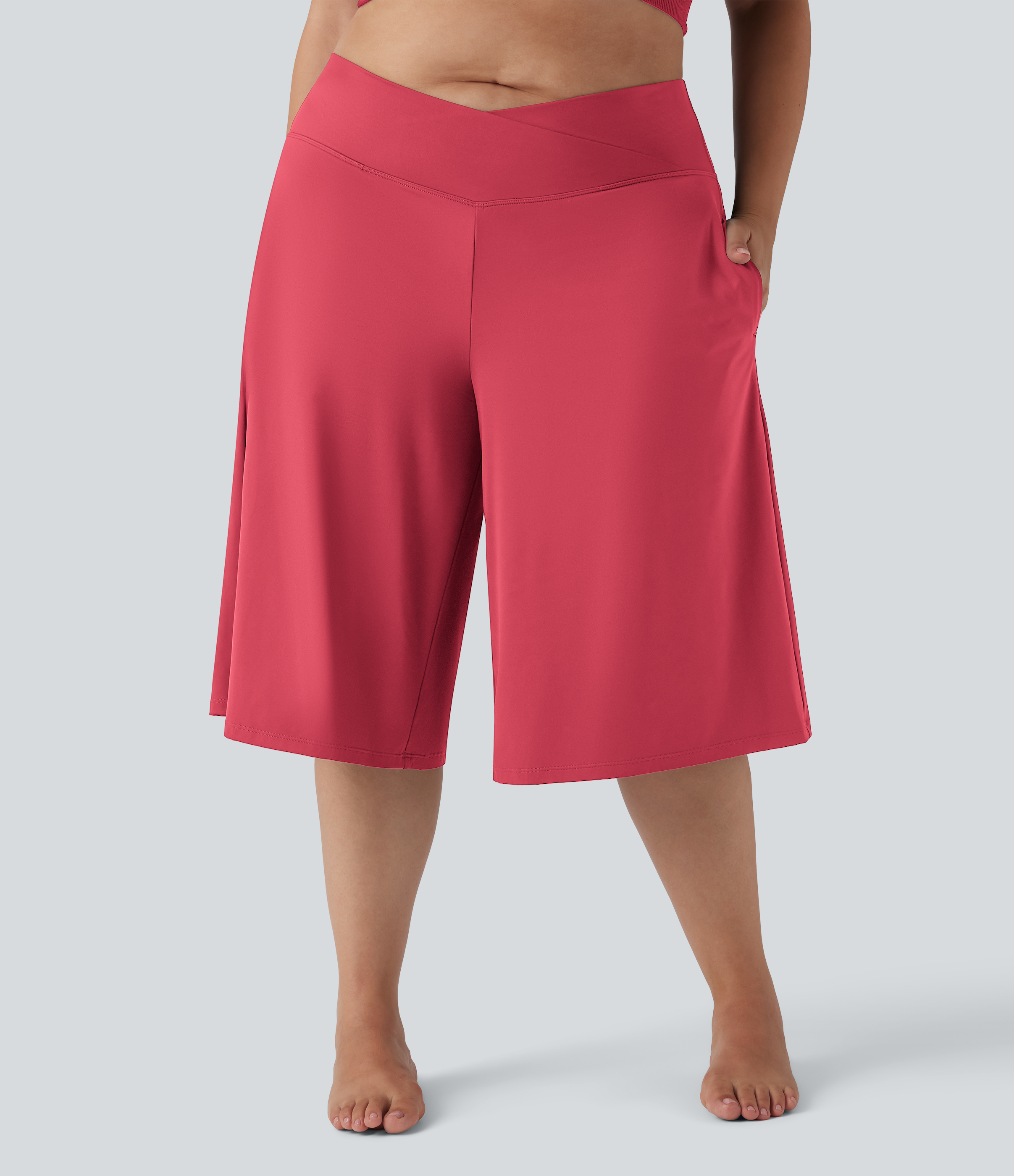 SoftlyZero™ Airy Crossover High Waisted Wide Leg Cool Touch Yoga Pedal Pusher Plus Size Pants with Pockets