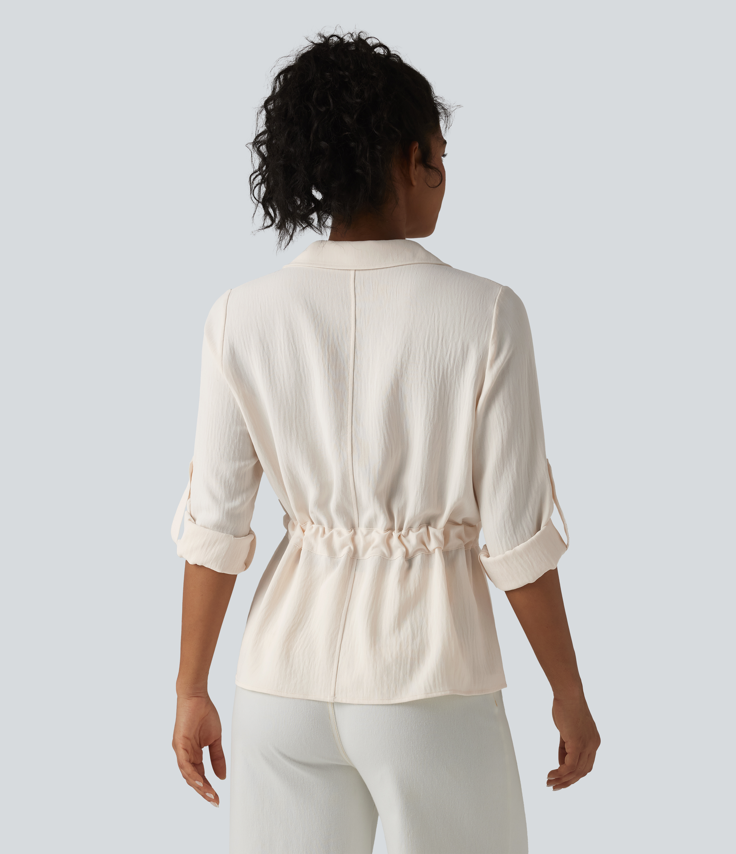 Whisper White Lapel Roll Up Sleeve Tie Work Linen-Feel Shirt / 2