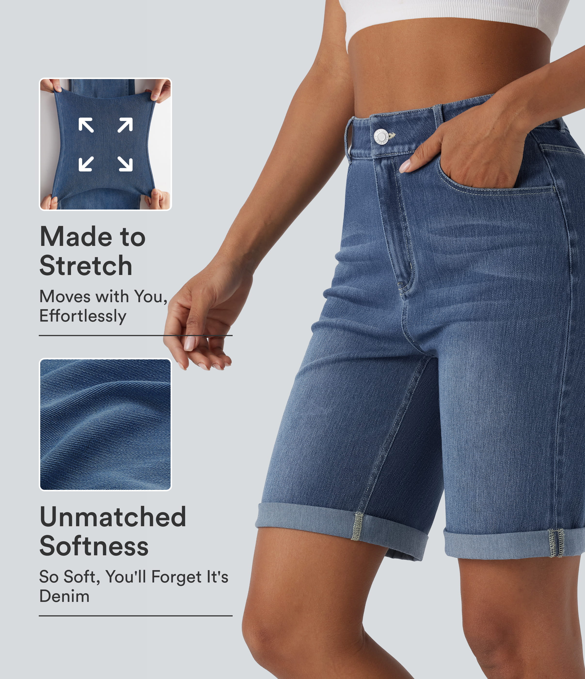 Halara Flex™ High Waisted Pockets Rolled Hem Washed Denim Casual Bermuda Shorts