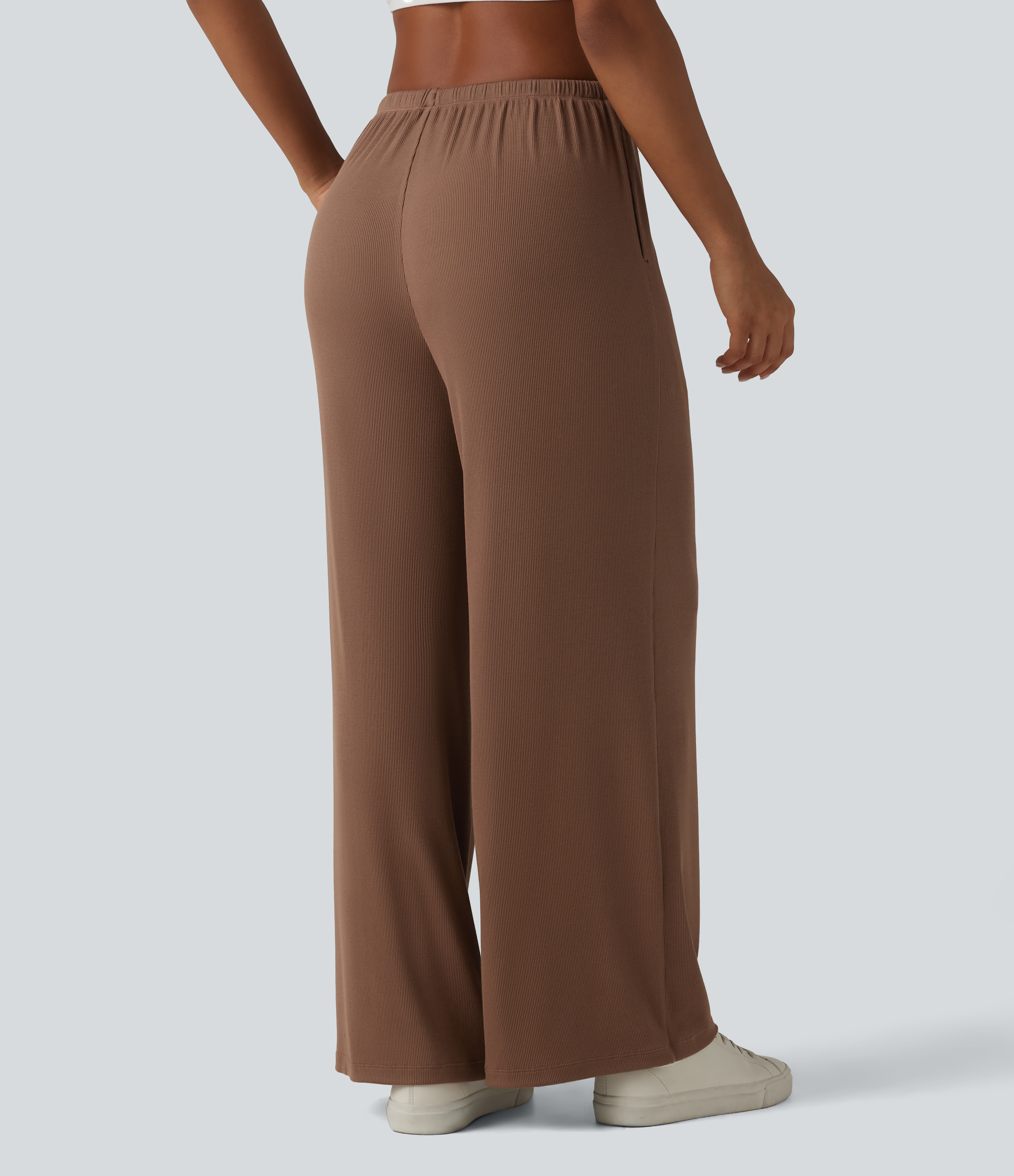 Pecan Pie High Stretch Ribbed Knit Mid Rise Drawstring Baggy Casual Trousers with Pockets / 2