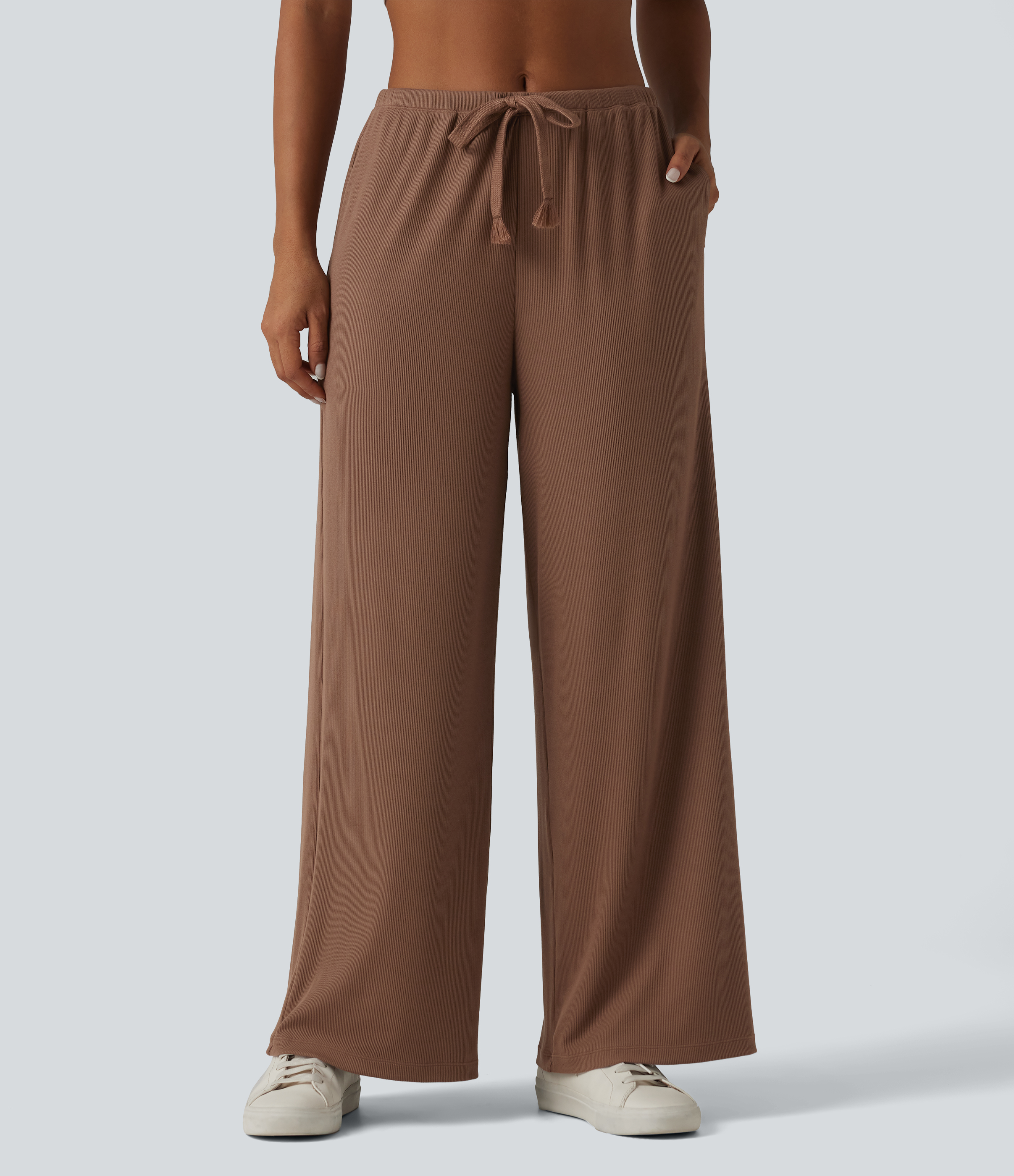 High Stretch Ribbed Knit Mid Rise Drawstring Baggy Casual Pants with Pockets