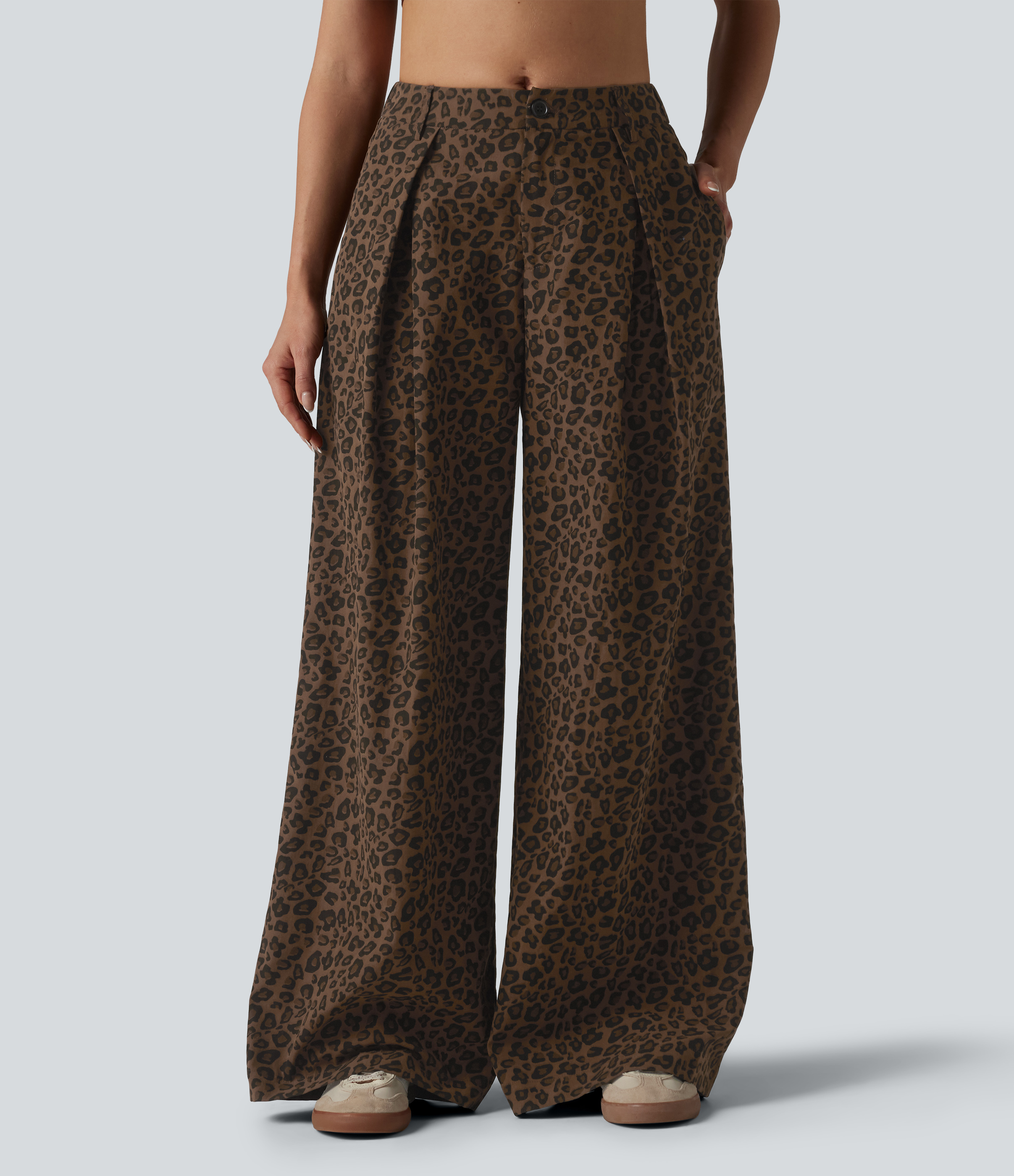 Pantalon large décontracté imprimé léopard taille mi-haute avec poches