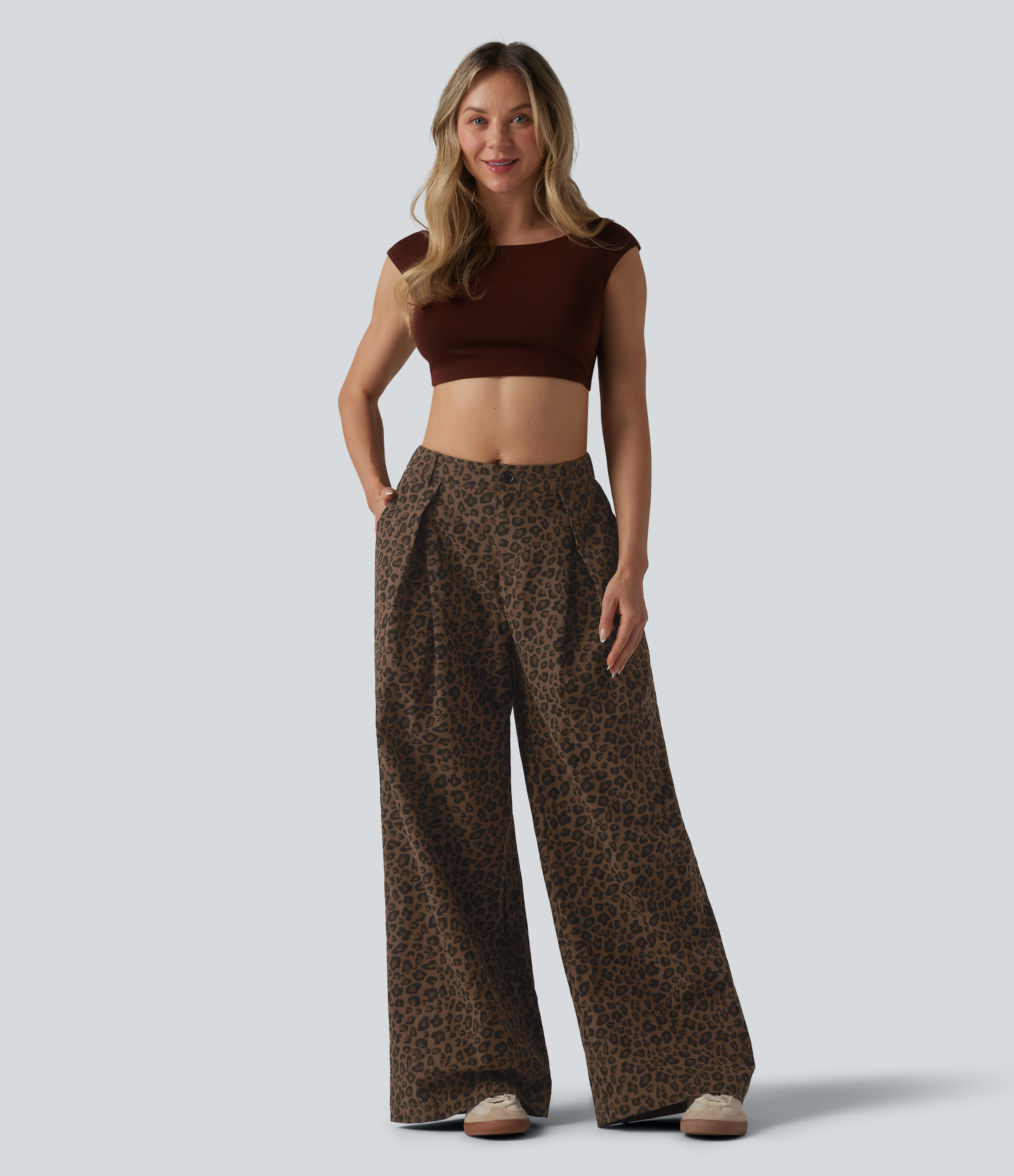 Pantalon large décontracté imprimé léopard taille mi-haute avec poches