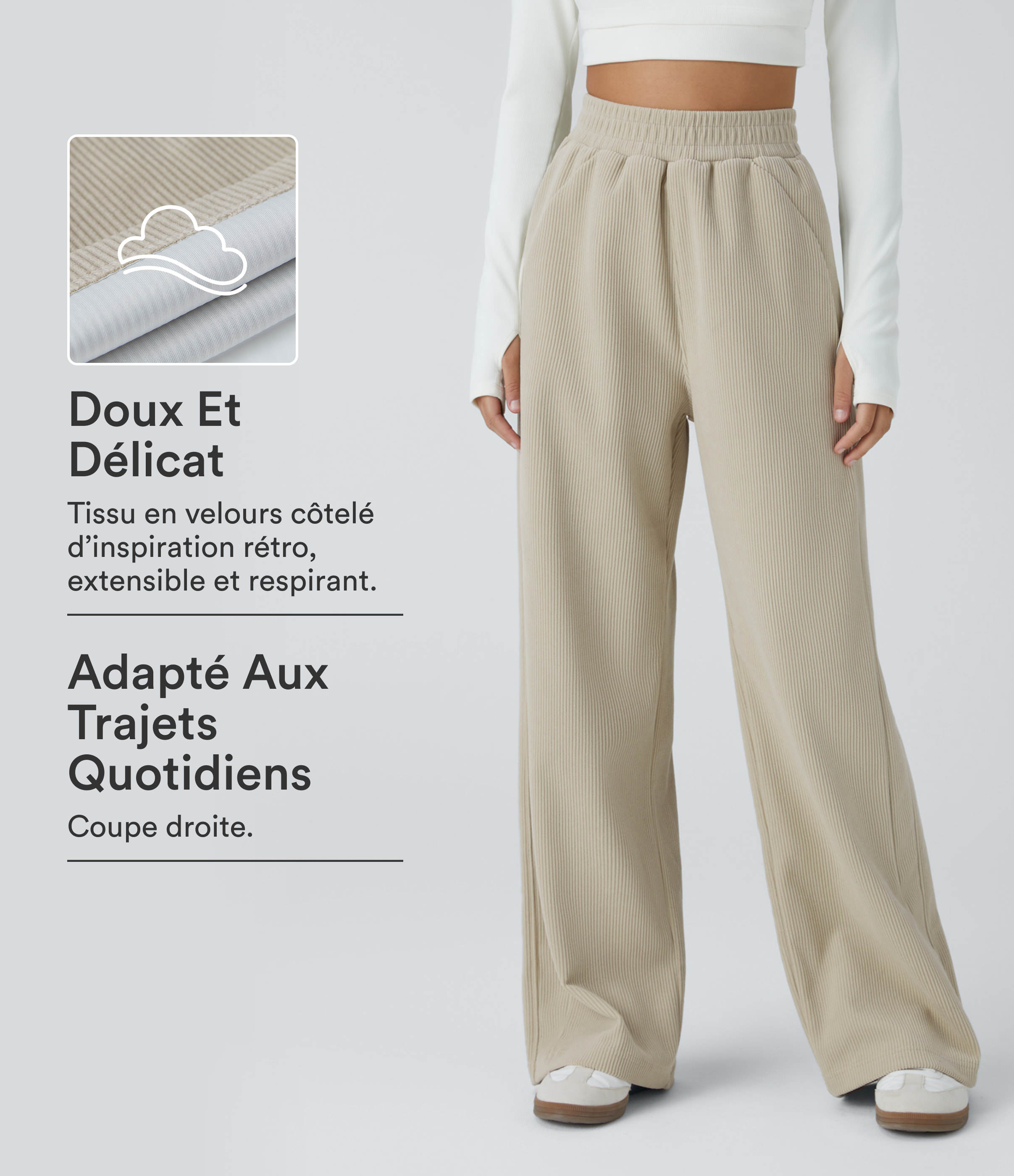 Pantalon velours côtelé de jogging décontracté à taille haute avec poches latérales