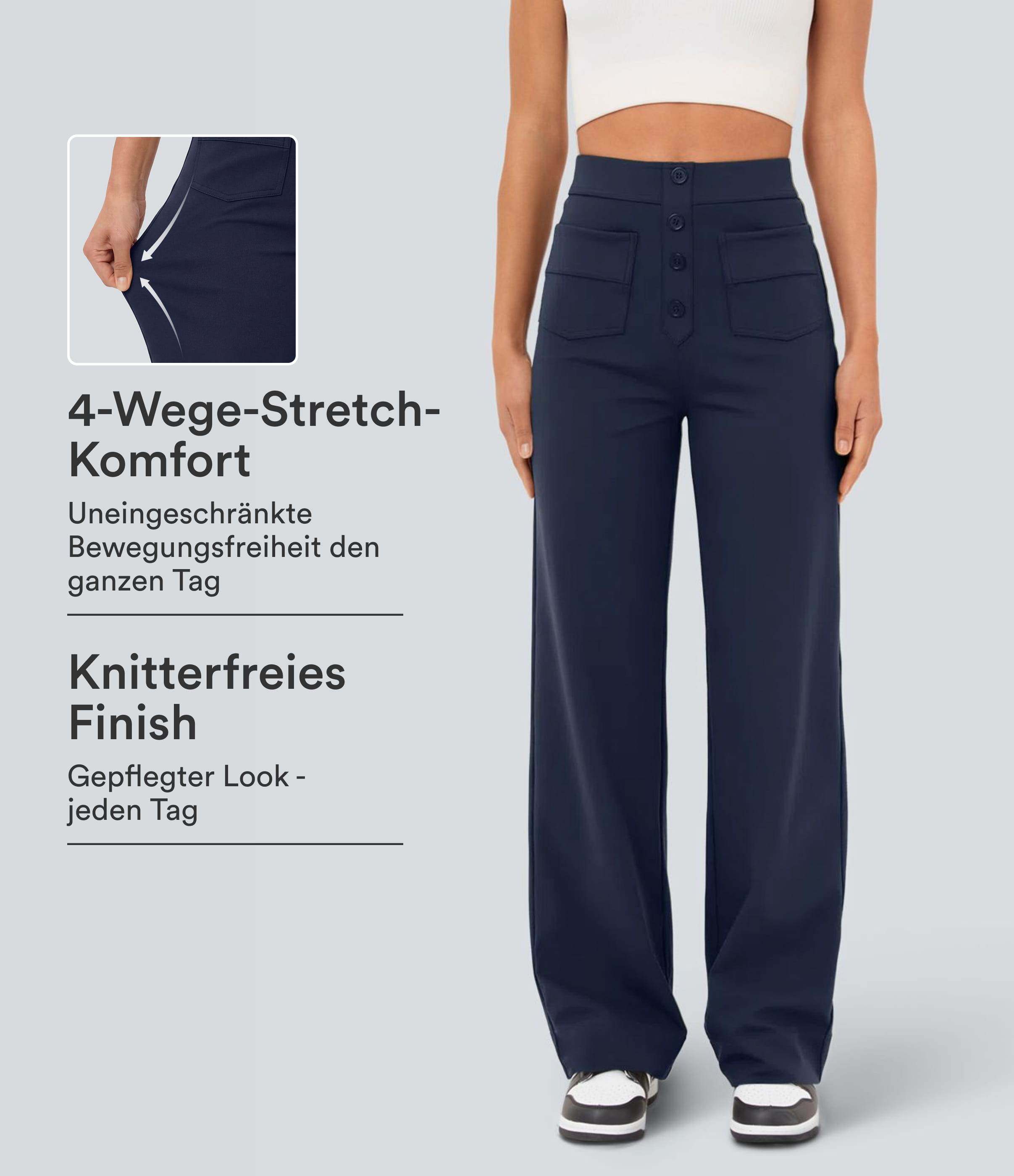 Lässige Stoffhose mit hohem Bund und mehreren Taschen und geradem Bein