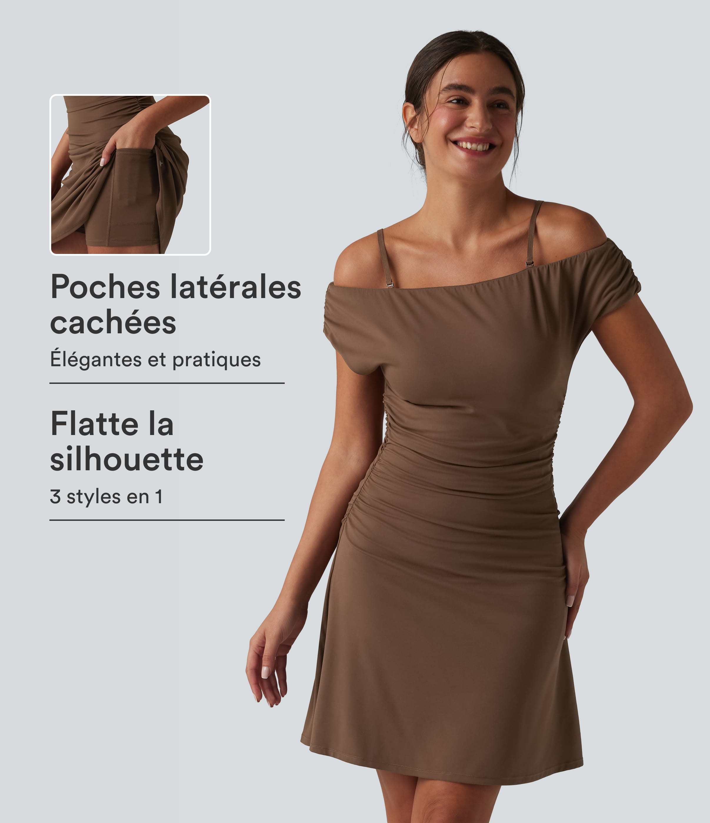 SoftlyZero™ schulterfreies 2-in-1 Yoga-Active-Kleid mit abnehmbarem Träger, integriertem BH und Taschen – Easy Peezy