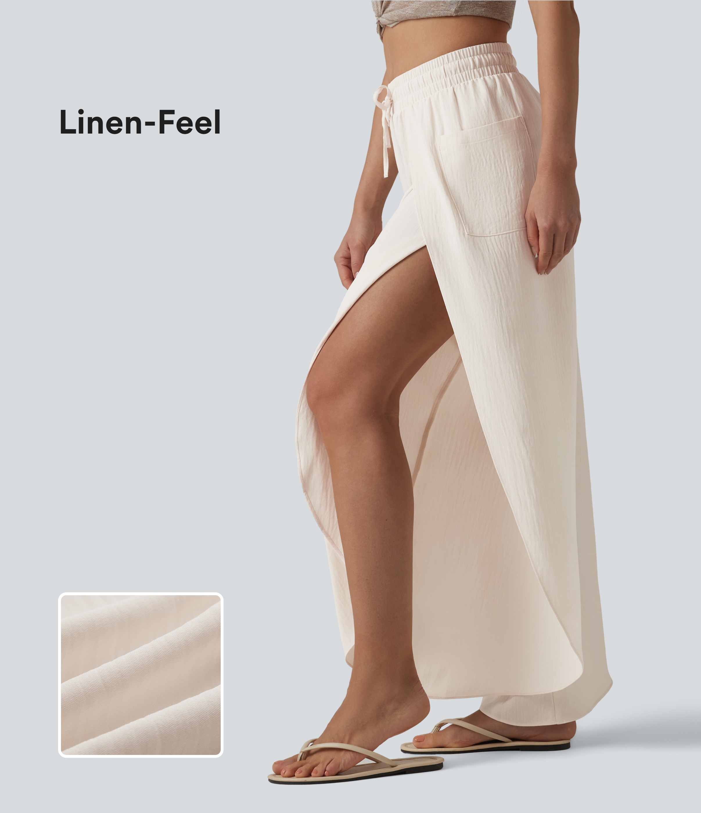 Mid Rise Drawstring Split Linen-Feel Casual Baggy Trousers with Pockets