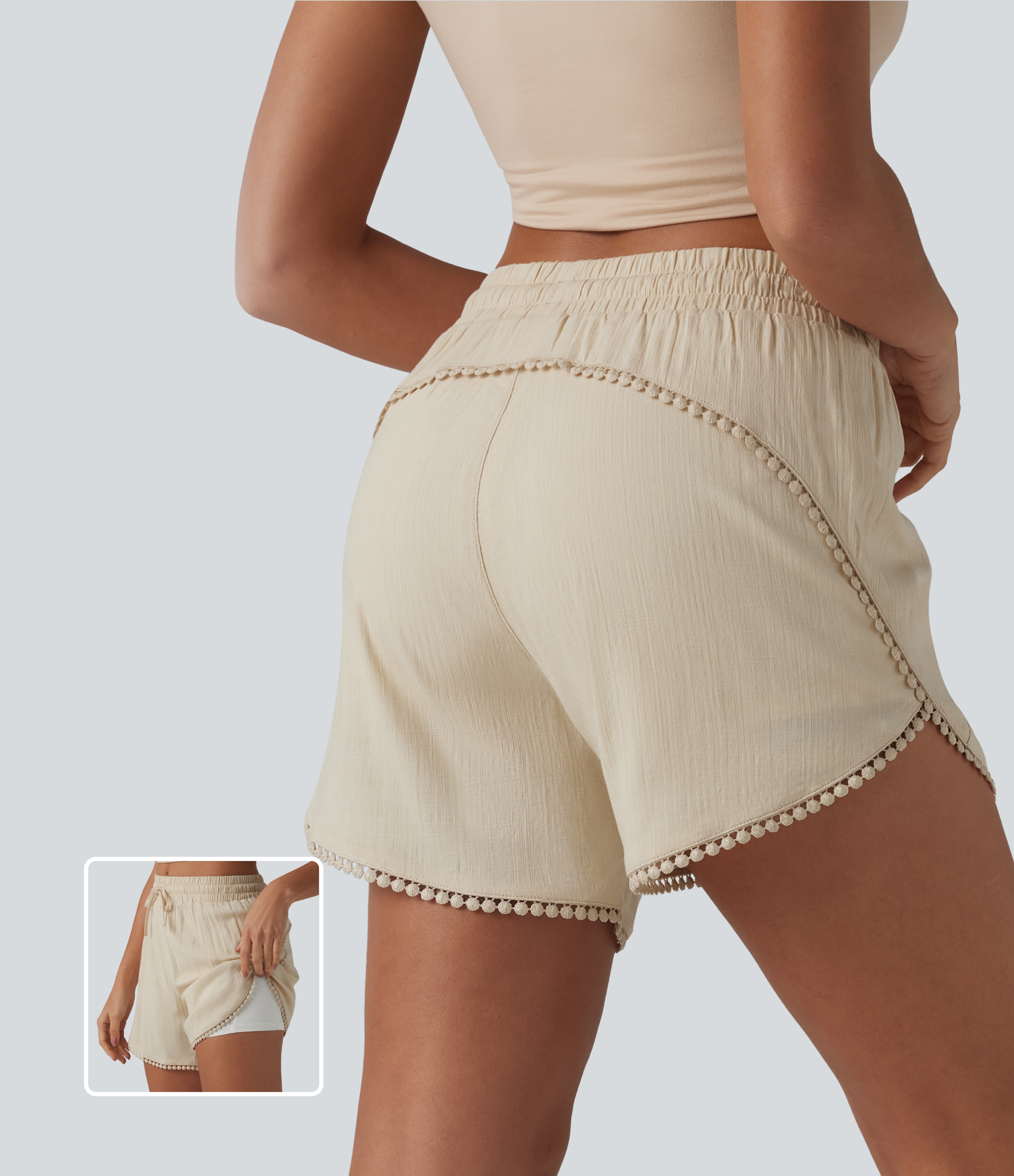 Mid Rise Drawstring Contrast Fringe Curved Hem 2-in-1 Casual Shorts