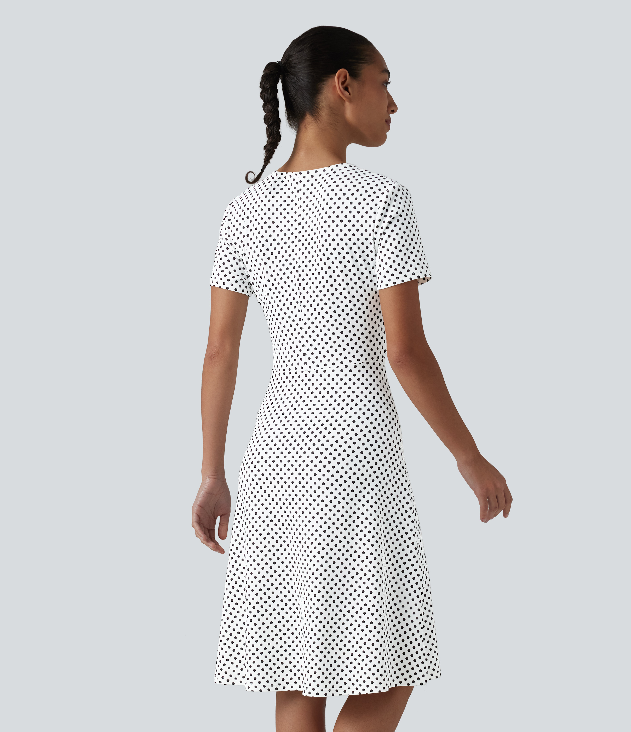 Snow Dots V Neck Short Sleeve Polka Dot Knee Length Casual Dress / 2