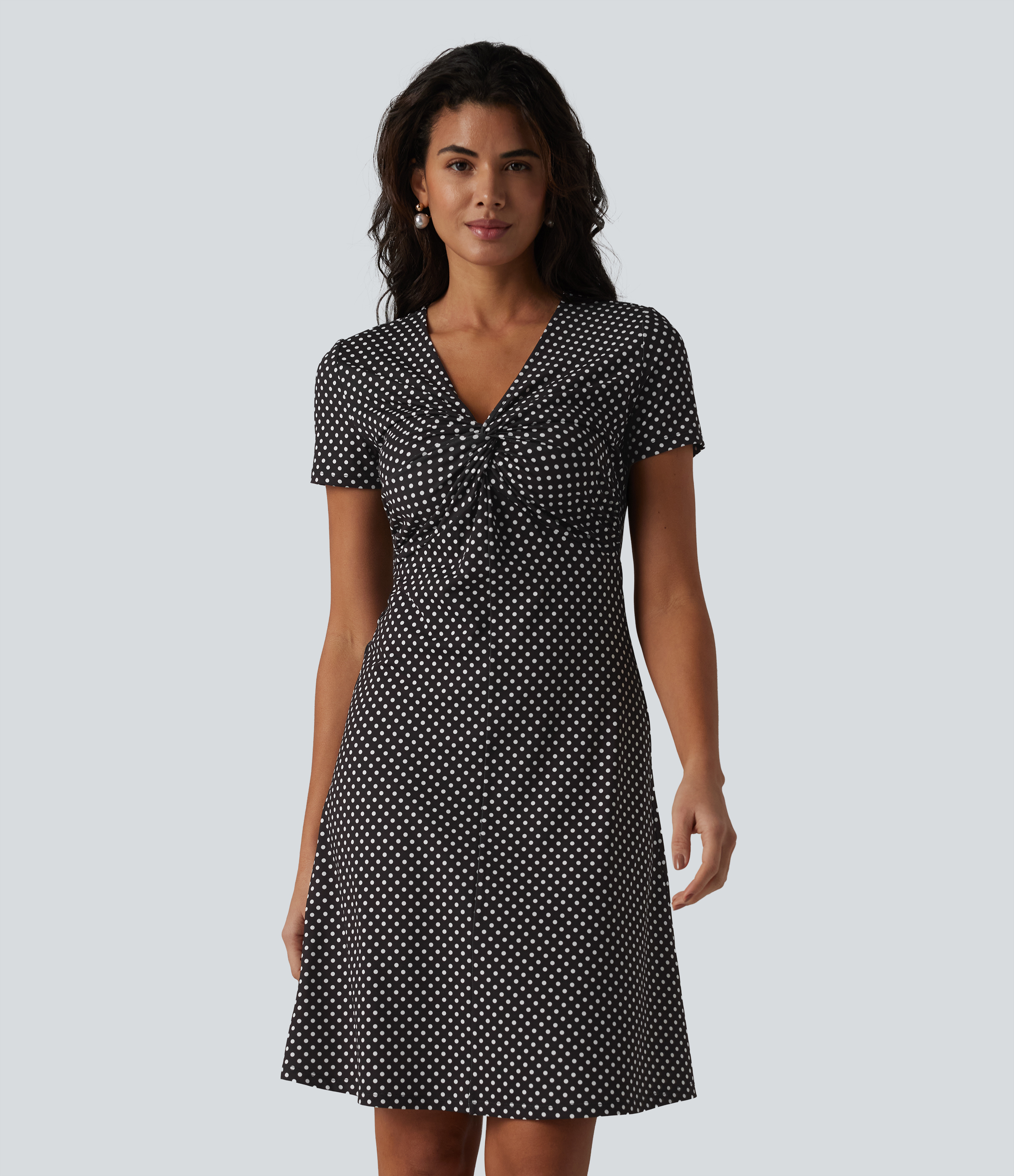 V Neck Short Sleeve Polka Dot Knee Length Casual Dress