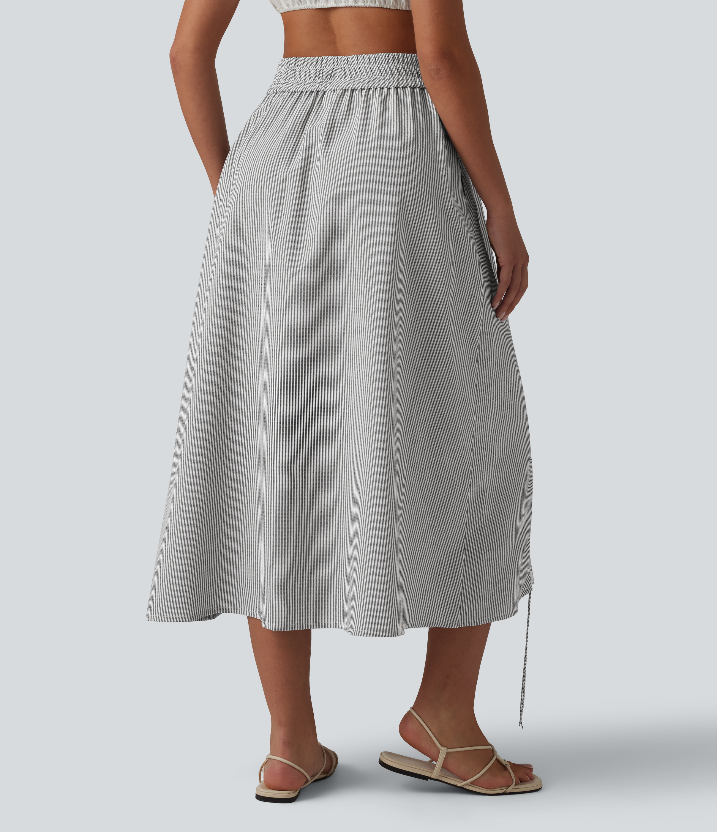Light Black White Stripe High Waisted Drawstring Stripes Midi Casual A-line Skirt with Pockets / 2