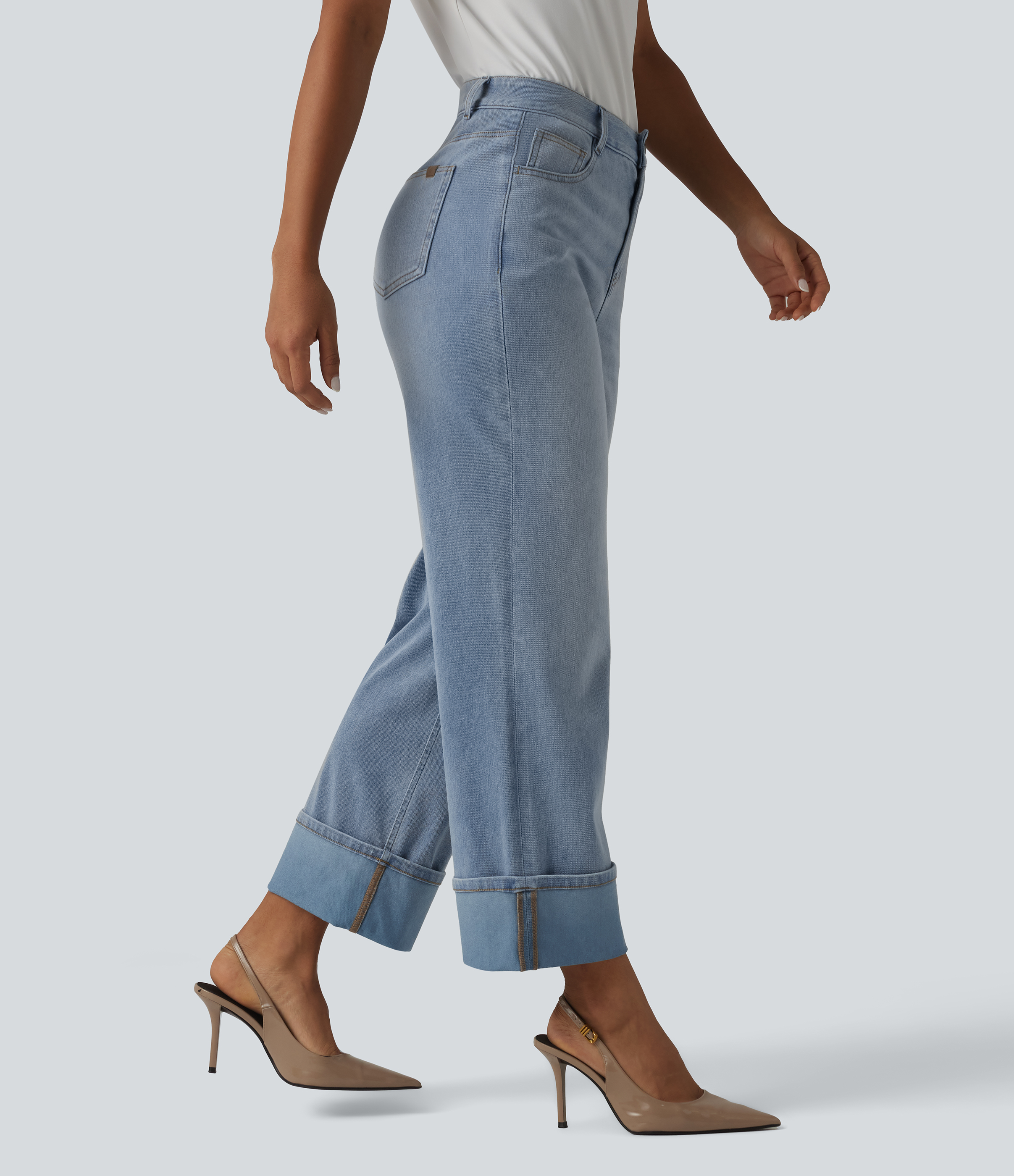 Halara Flex™ High Waisted Straight Leg Washed Casual Cuffed Jeans with Pockets