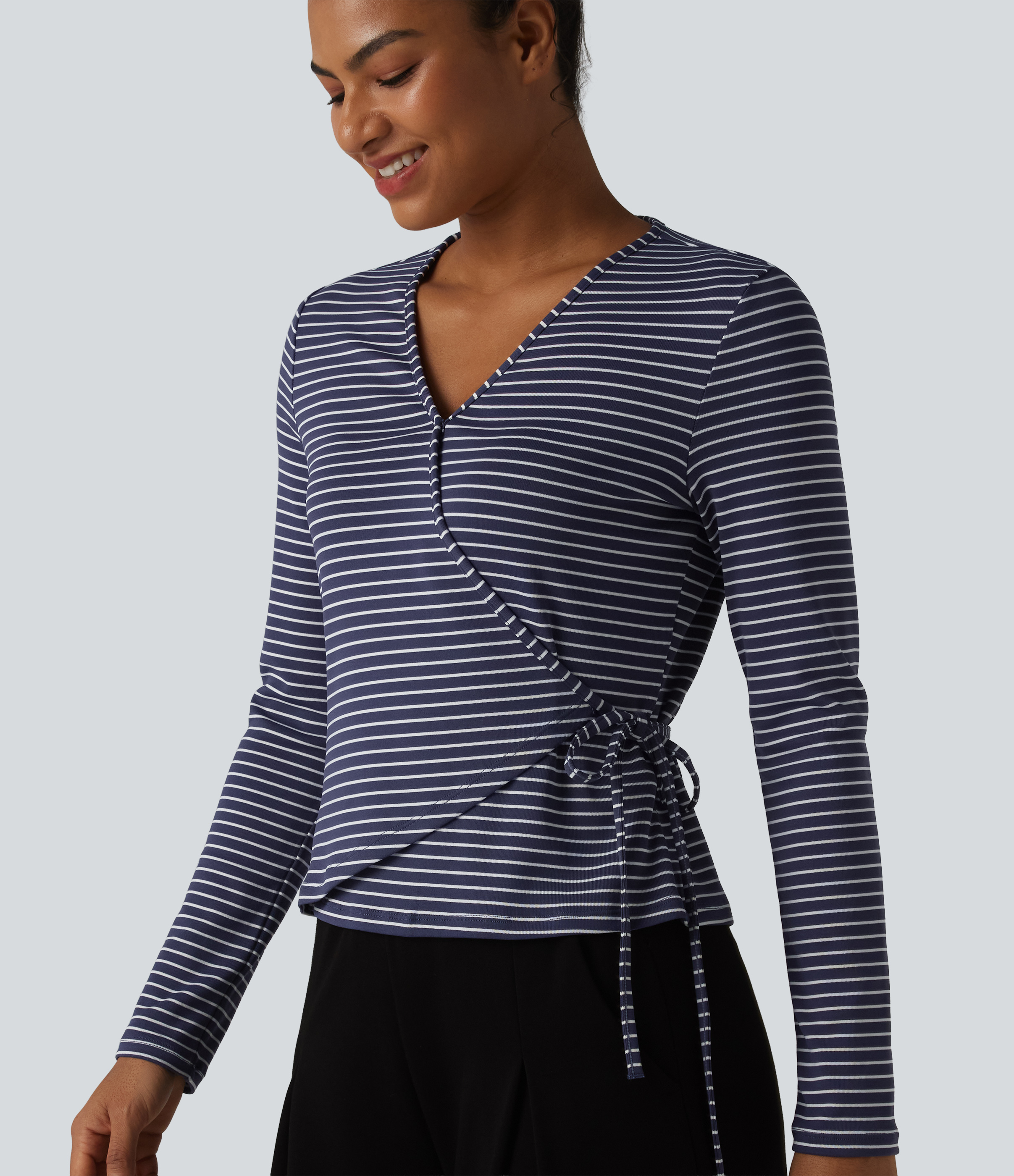 Ribbed Knit Stripes Deep V-Neck Long Sleeve Wrapped Tie-side Casual Top