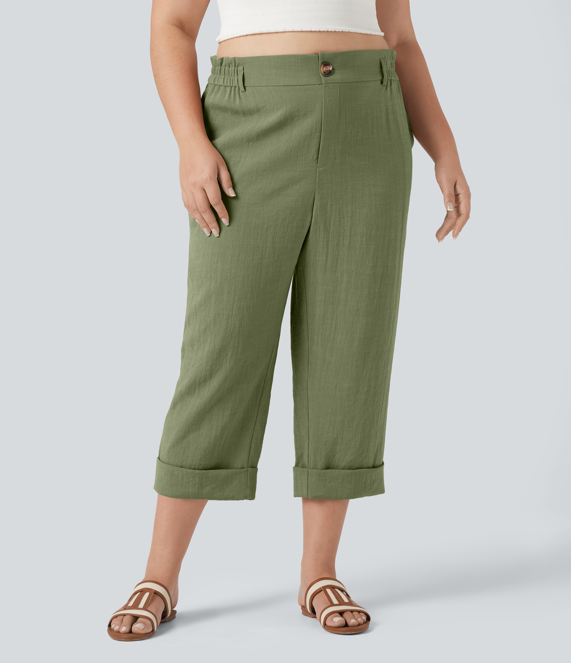 Pantalones capri de talle alto con efecto lino para tallas grandes, con bolsillos