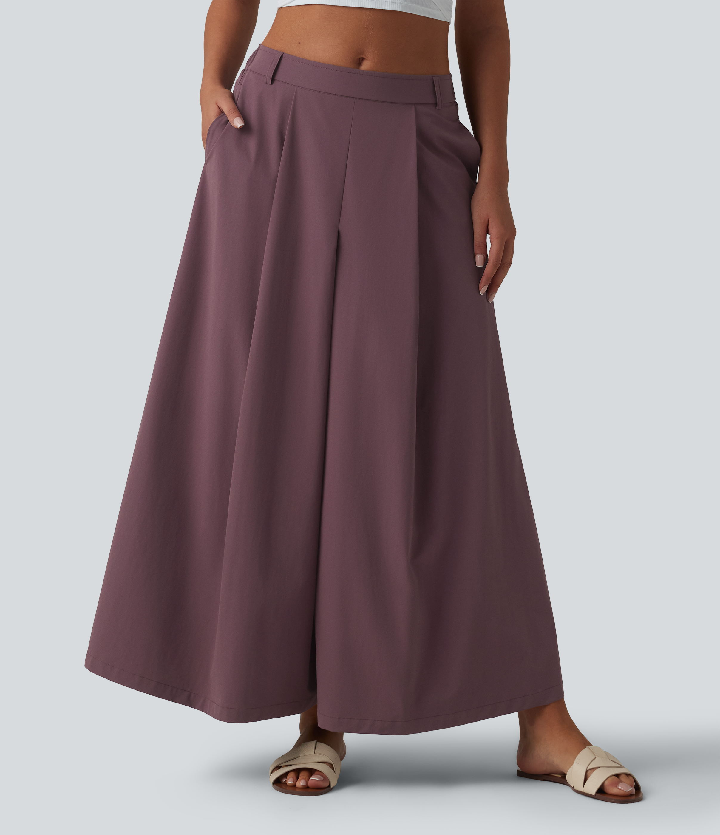 Mid Rise Pleated 7/8 Casual Culottes Pants with Pockets