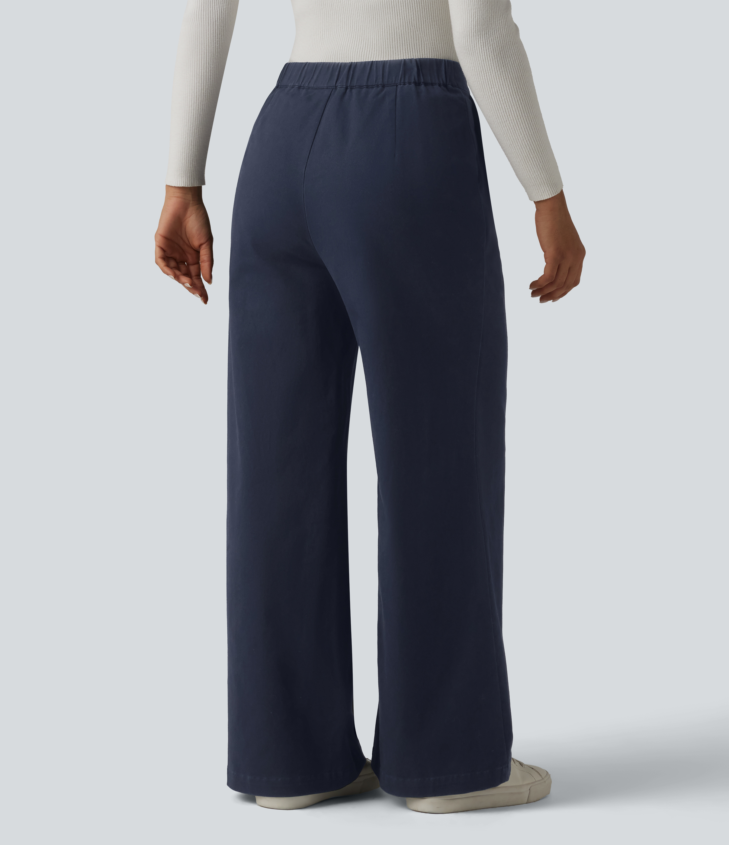 Navy Blazer High Waisted Wide Leg Work Chino Cotton Trousers with Pockets / 2
