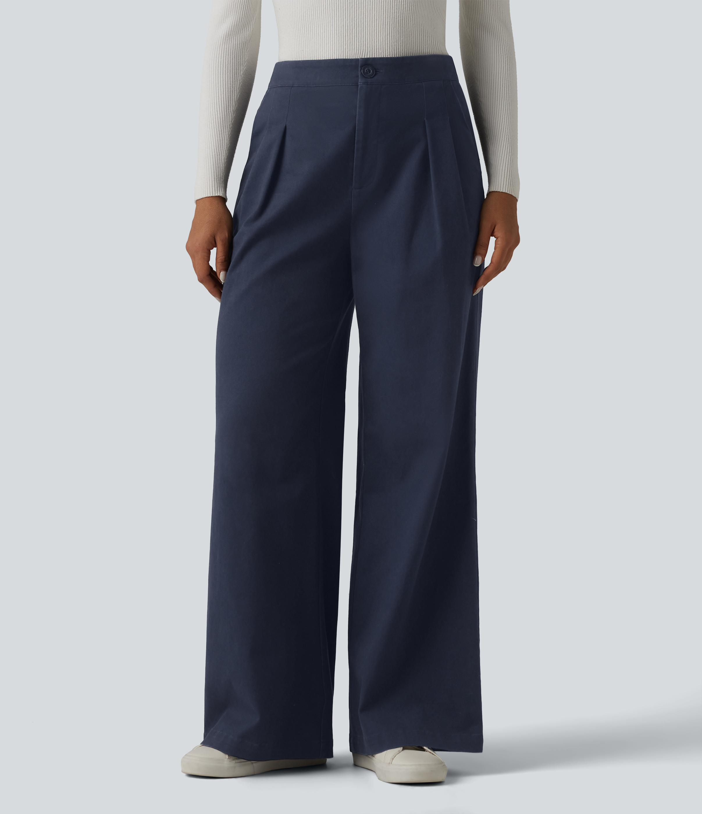 Pantalon tailleur chino large en coton taille haute avec poches