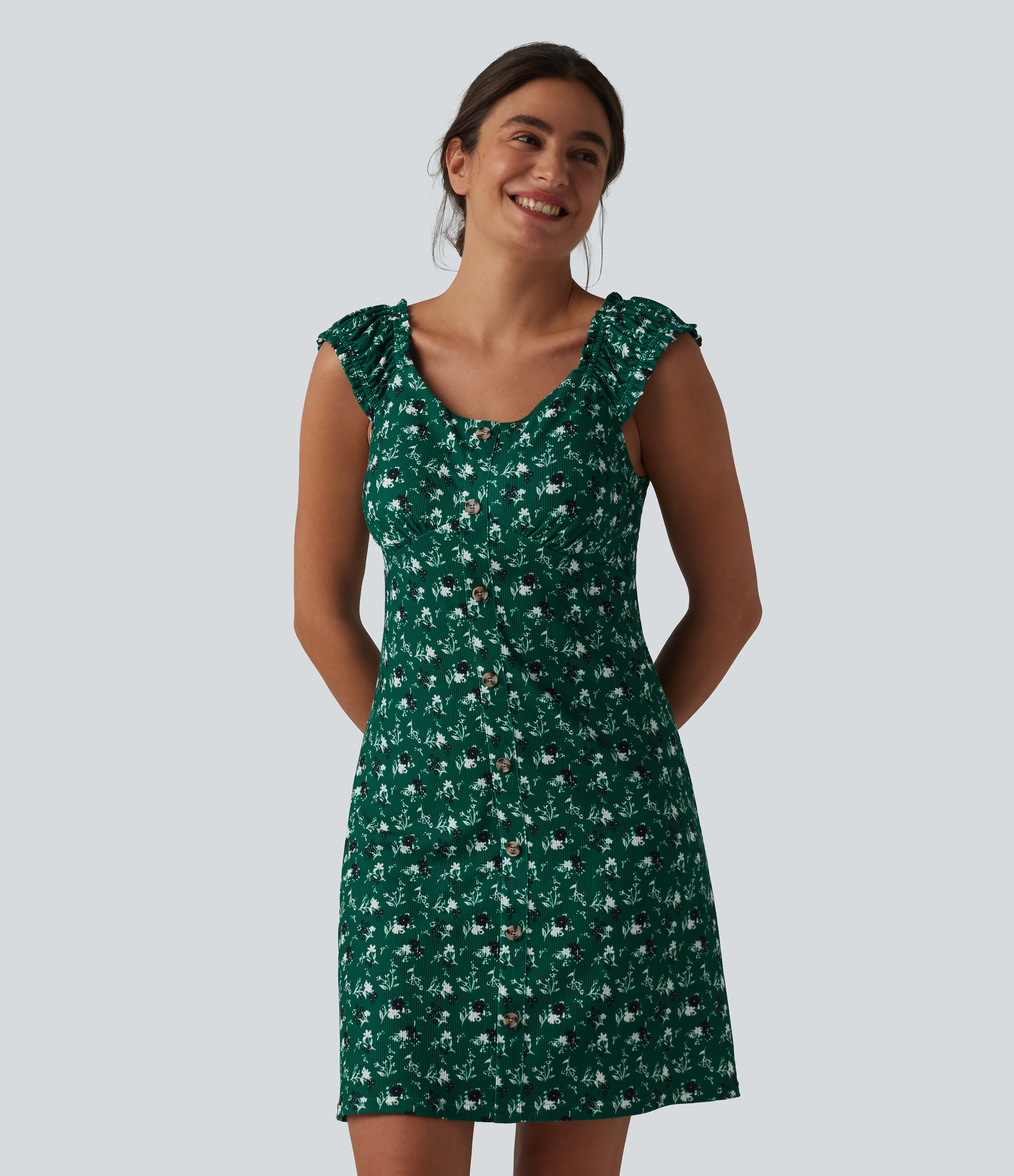 Robe trapèze mini col U sans manches à volants imprimé floral avec soutien-gorge intégré