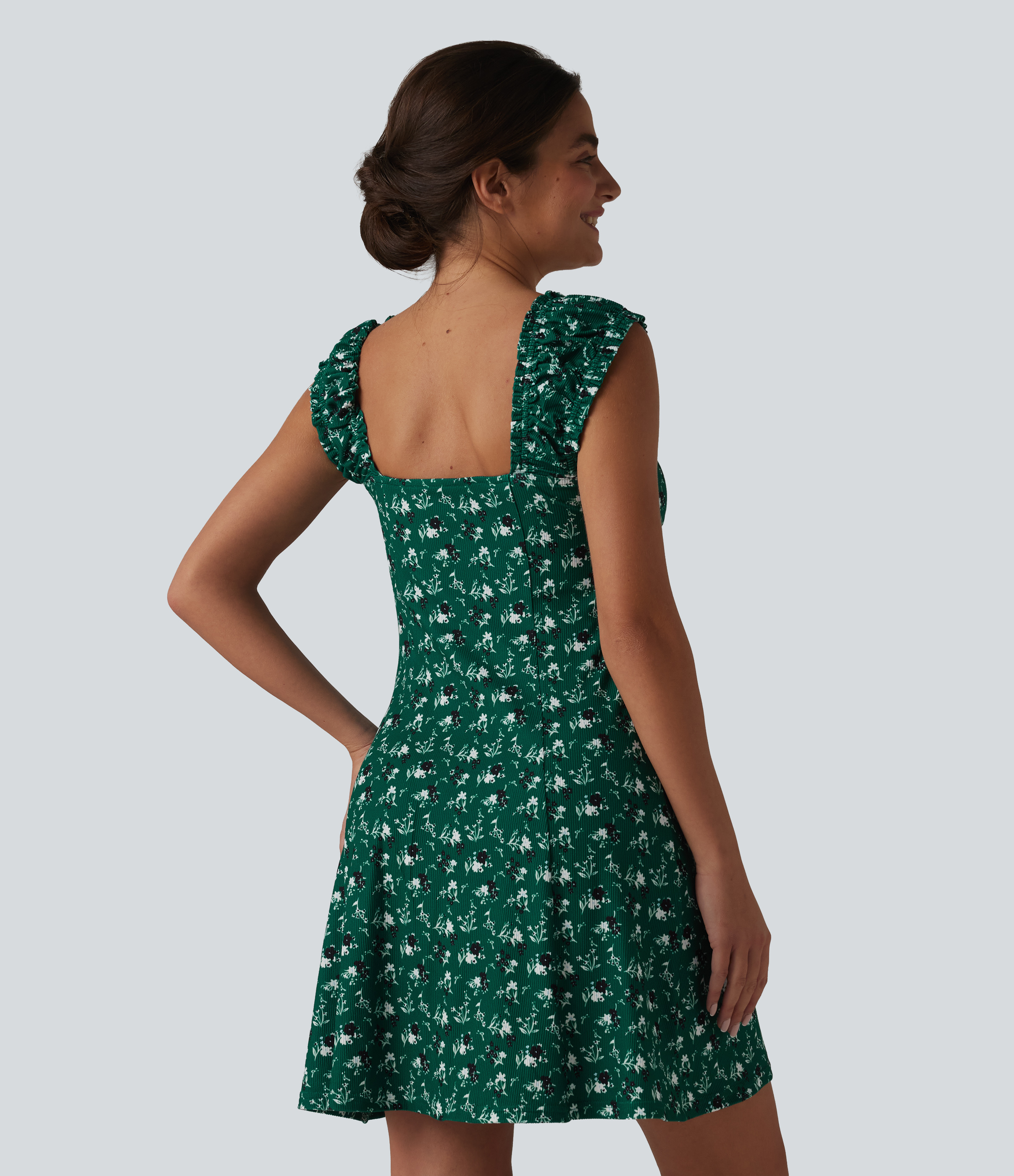 Meadow Sprig Green U-Neck Sleeveless Frill Ditsy Floral Built-in Bra Mini A-Line Resort Dress / 2