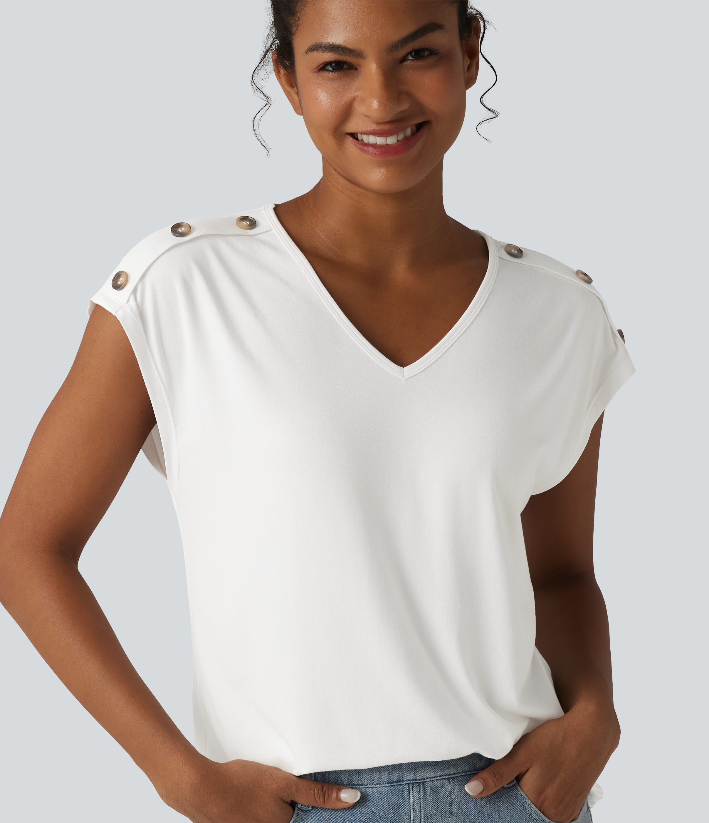 T-shirt décontracté col V manches courtes boutons décoratifs