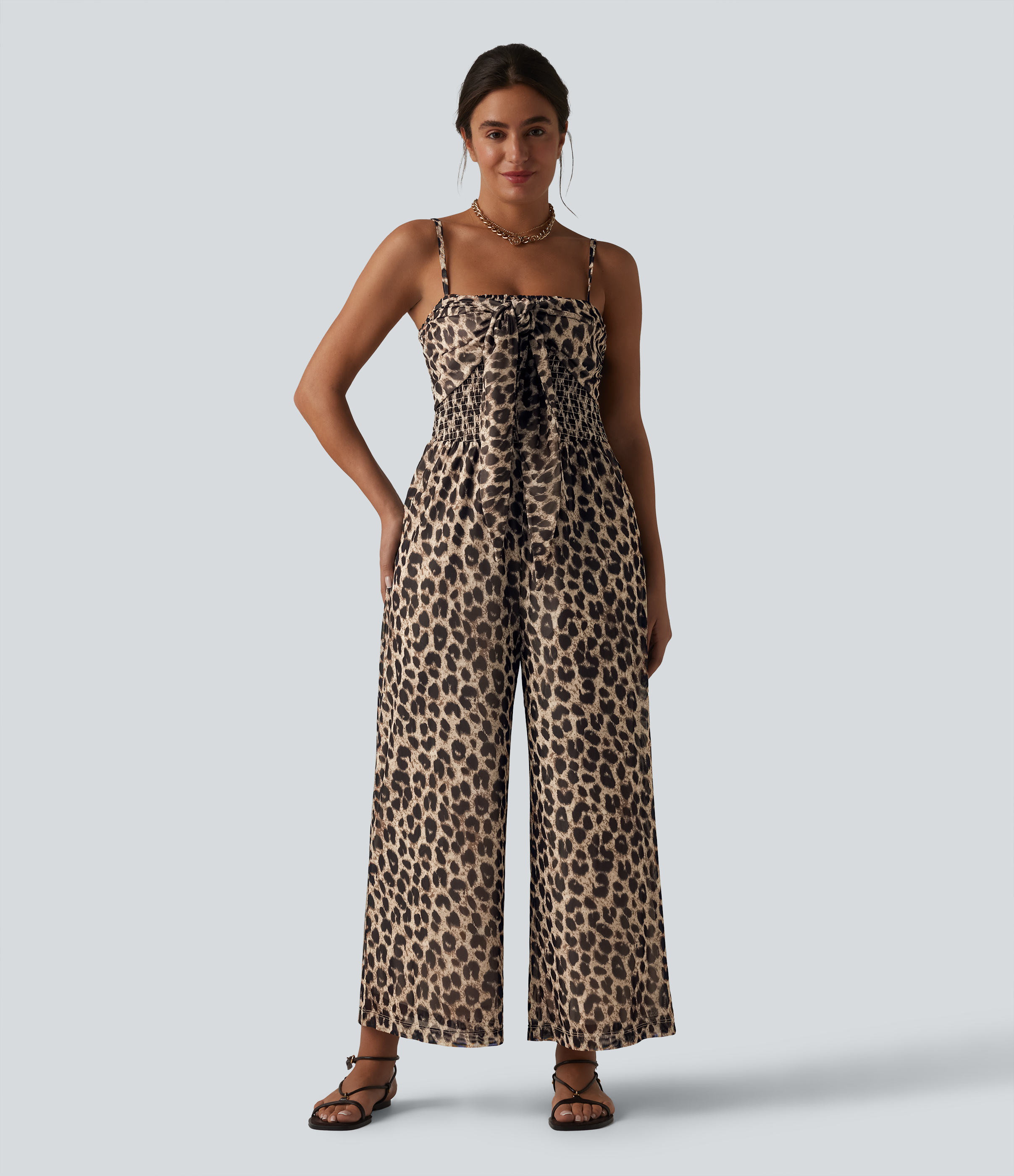 Tie-front Shirred Leopard Mesh Casual Slip Baggy Jumpsuit with Pockets