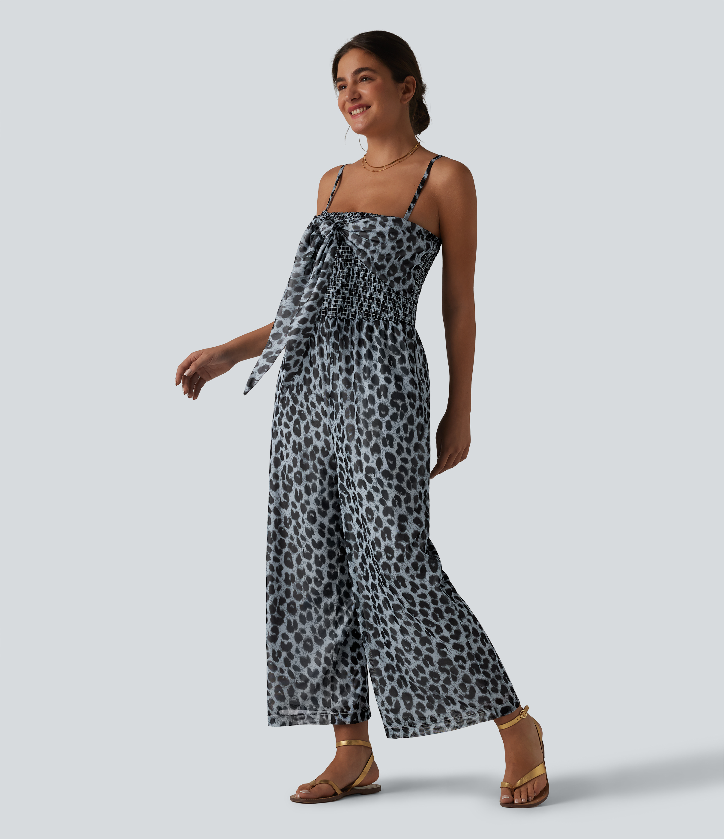 Tie-front Shirred Leopard Mesh Casual Slip Baggy Jumpsuit with Pockets