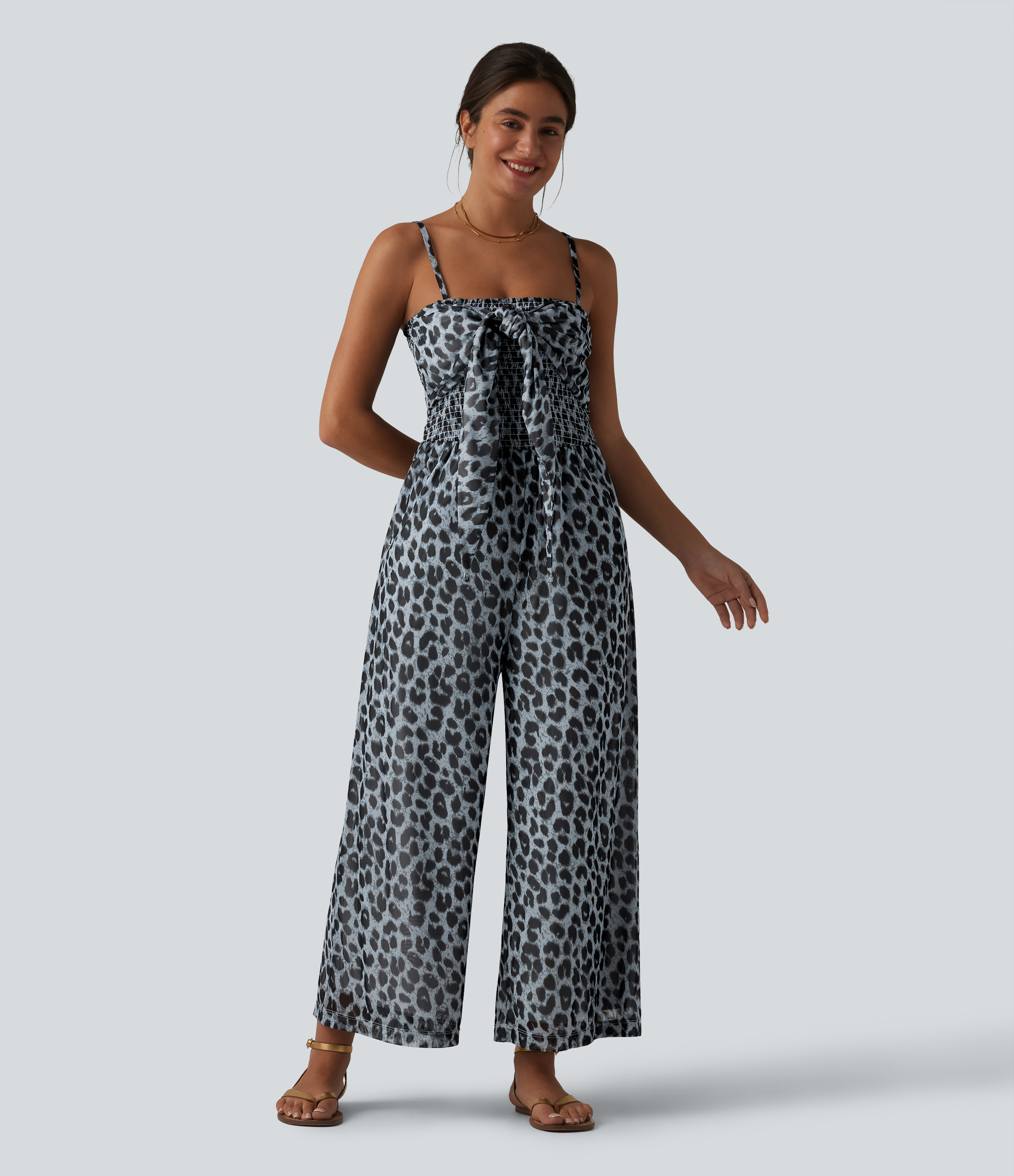 Tie-front Shirred Leopard Mesh Casual Slip Baggy Jumpsuit with Pockets