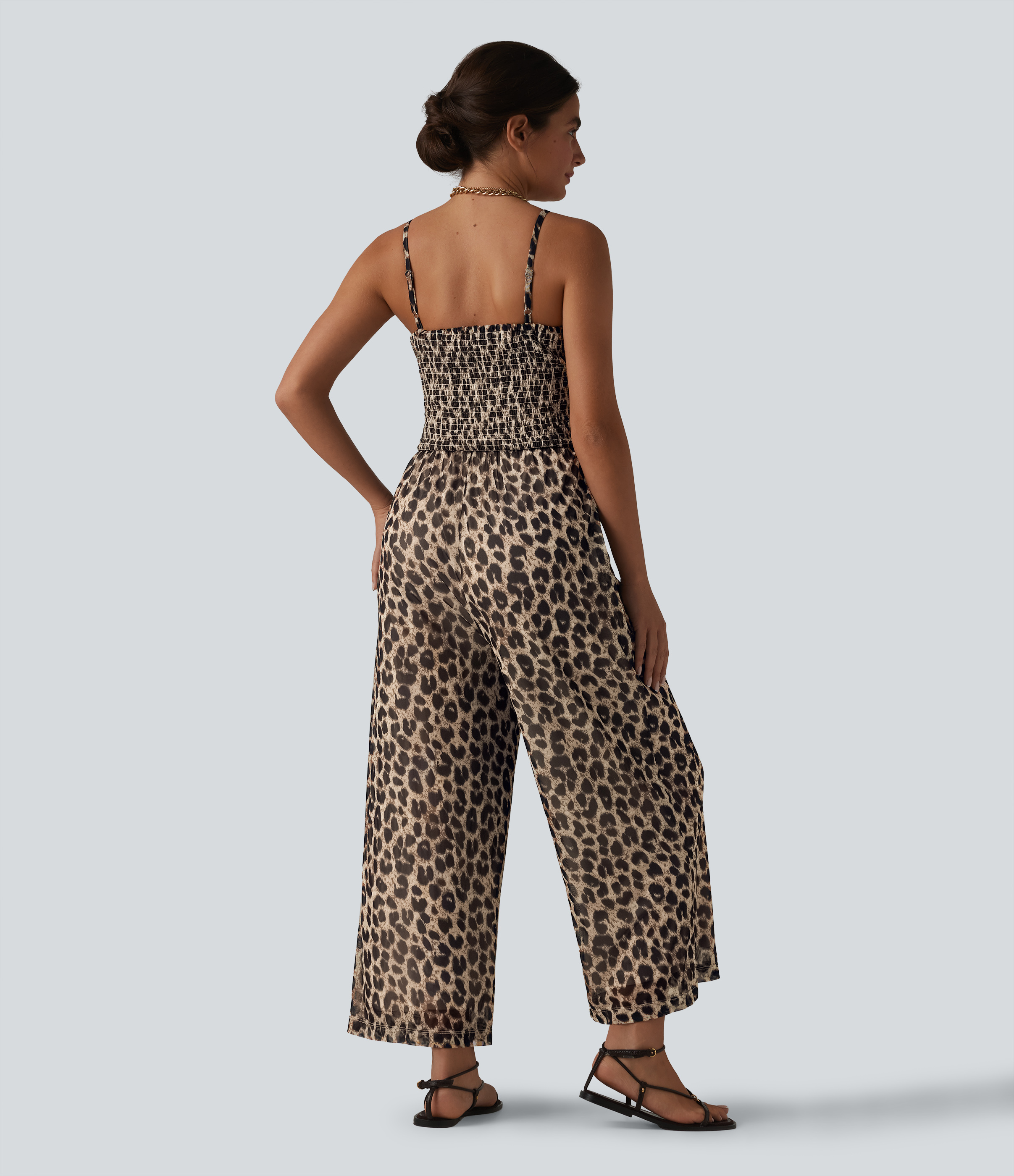 Gold Leopard Print Volný slipový overal z leopardí síťoviny s kapsami, řasením a vázáním vpředu / 2