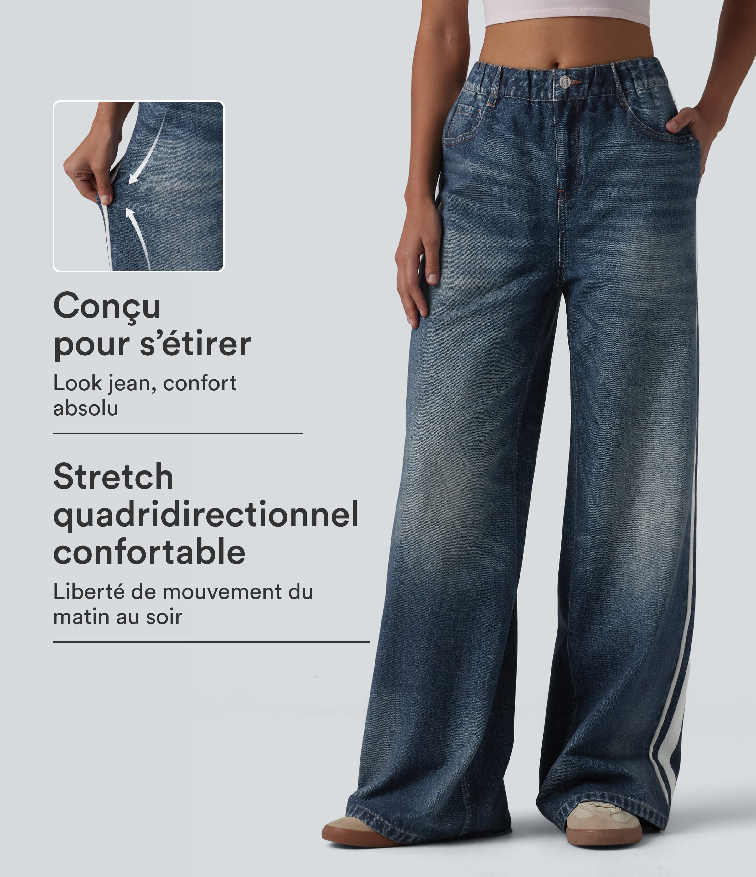 Jean de survêtement décontracté à rayures en tissu éponge français imprimé denim taille mi-haute avec poches