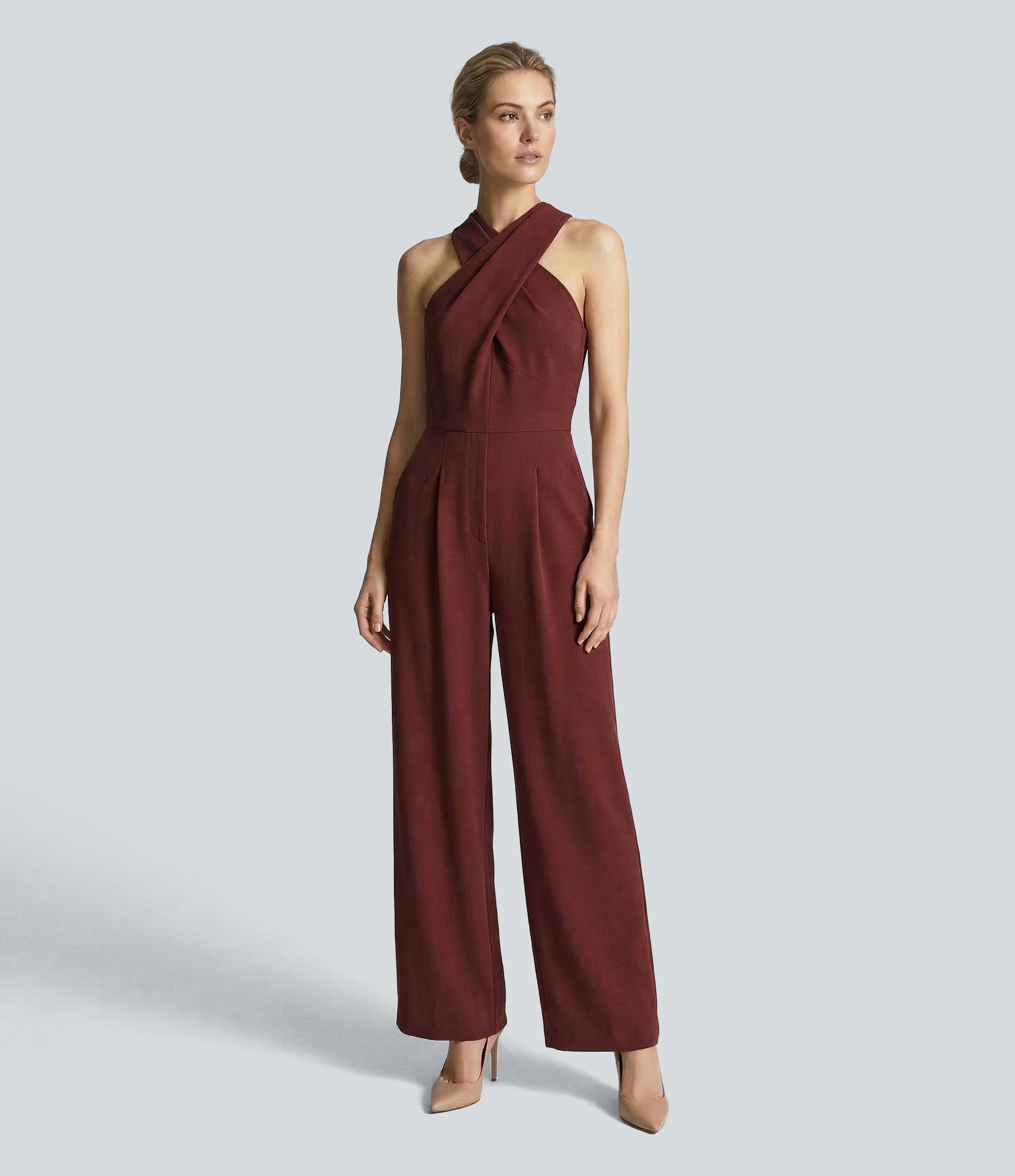 Crossover Halter Backless Sleeveless Work Jumpsuit with Pockets