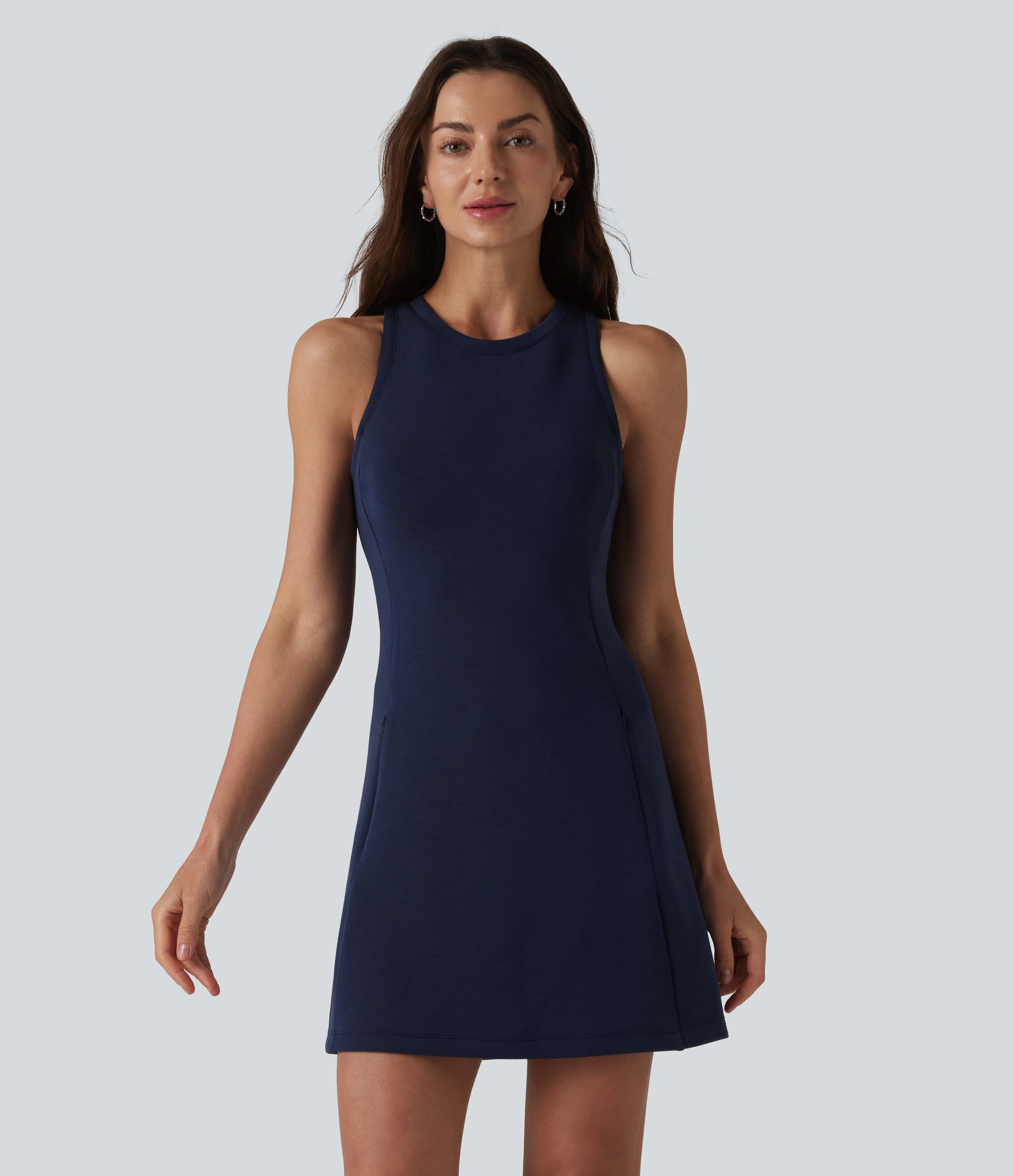SpacerTek™ Round Neck Sleeveless Mini Casual Dress with Pockets