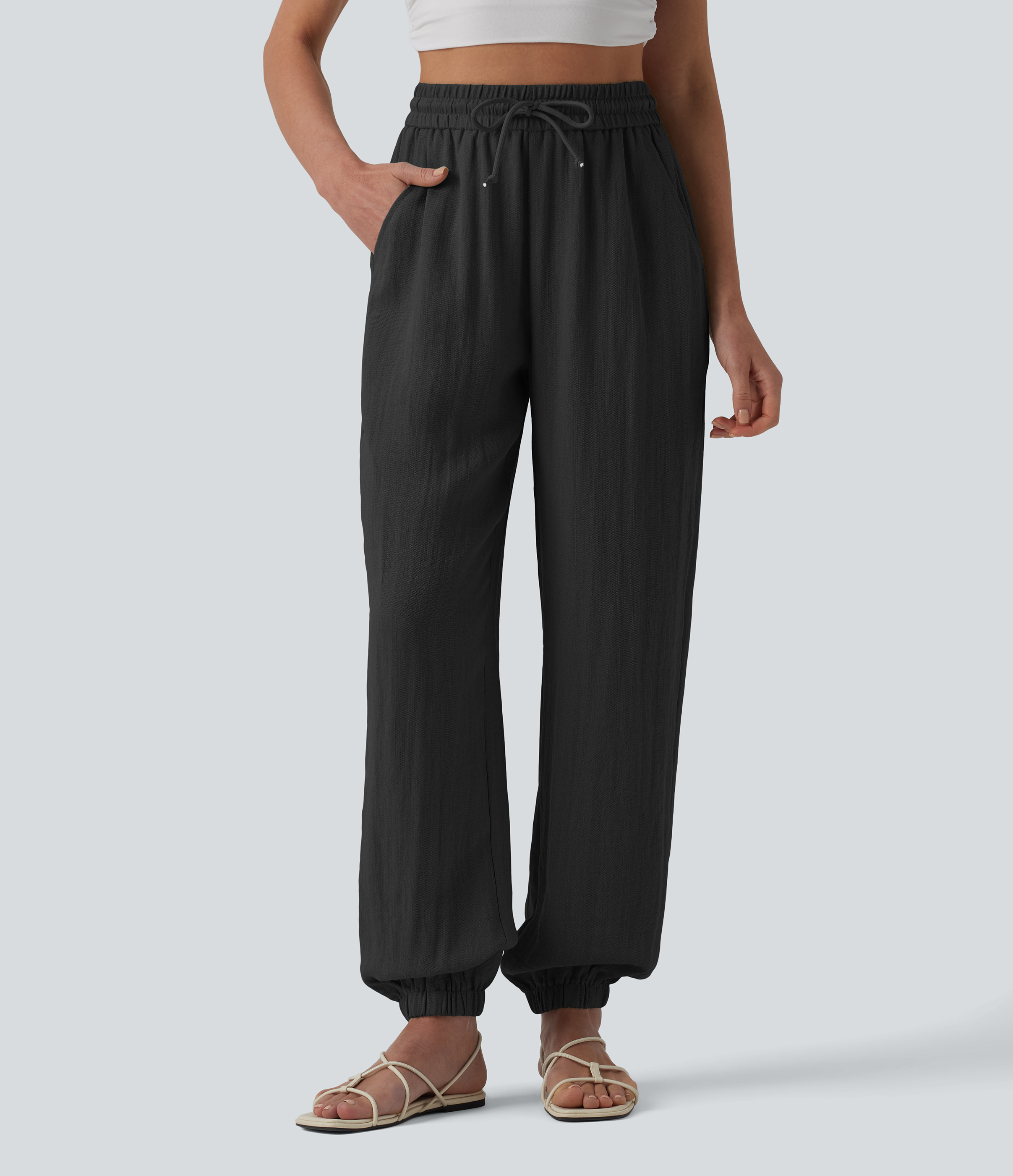 High Waisted Drawstring Wide Leg Casual Linen-Feel Joggers with Pockets