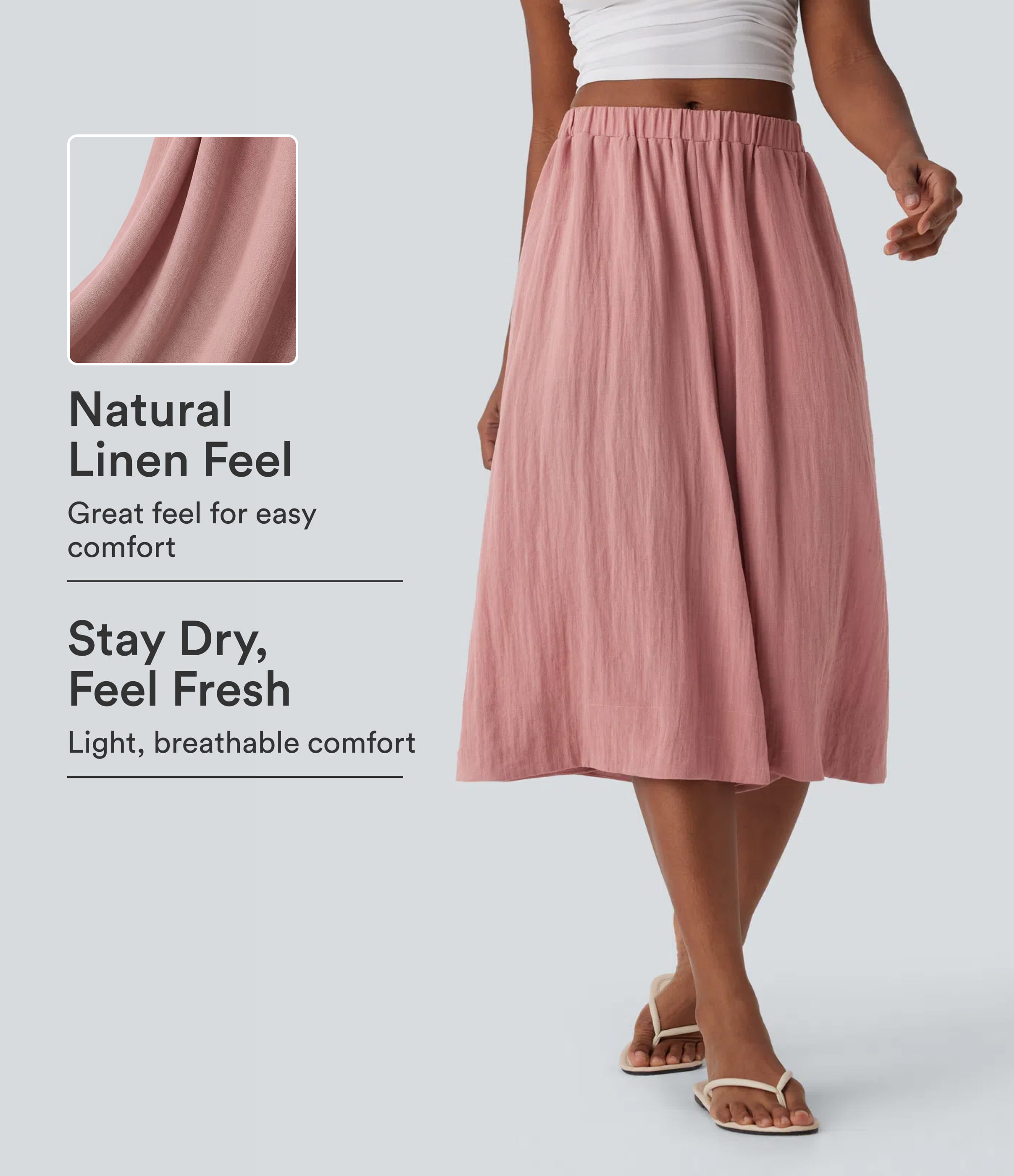 Mid Rise Wide Leg Flowy Linen-Feel Pants with Pocket