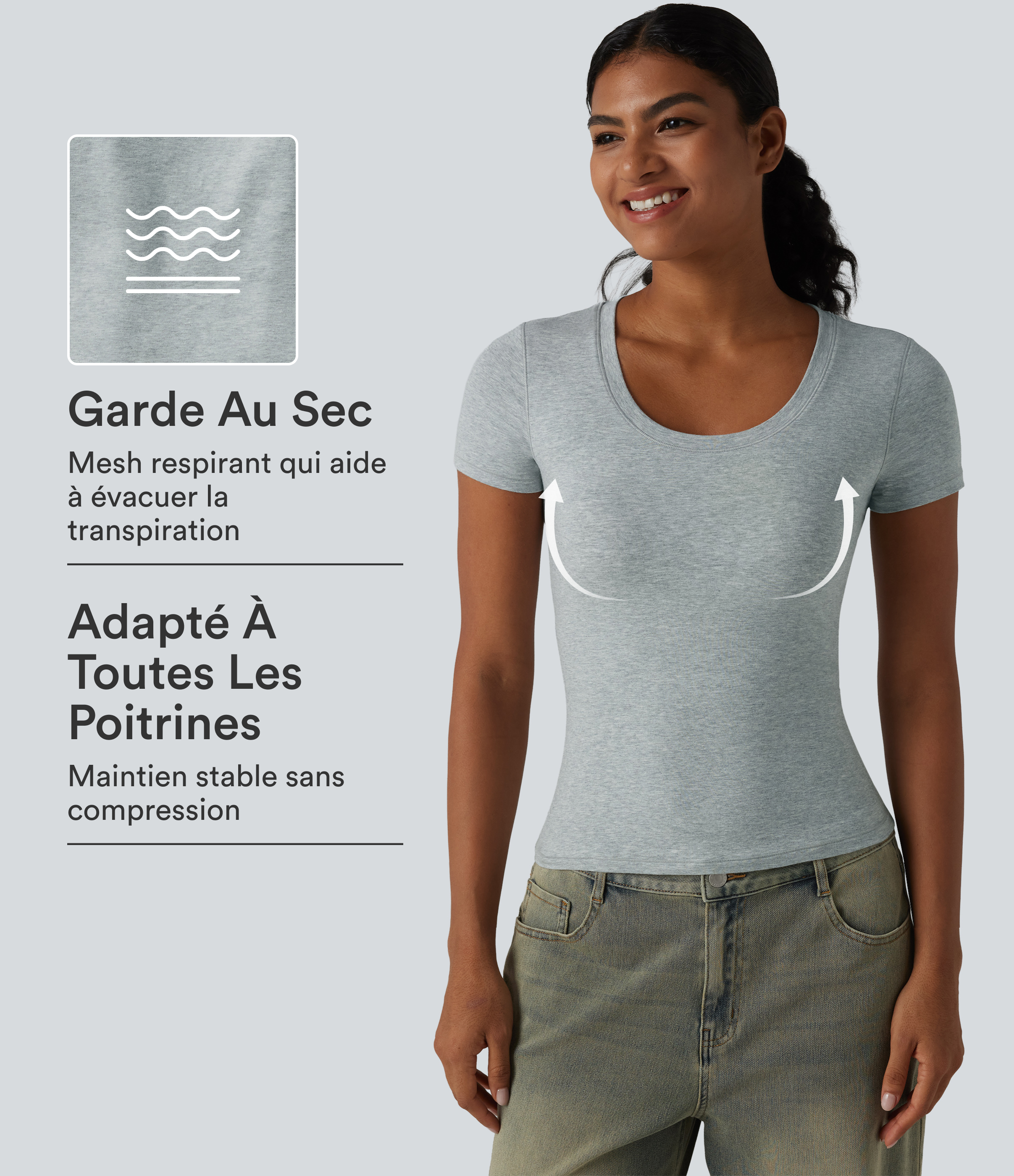 Halara T-shirt en jersey de coton col rond échancré manches courtes avec soutien-gorge intégré bonnets B-DD