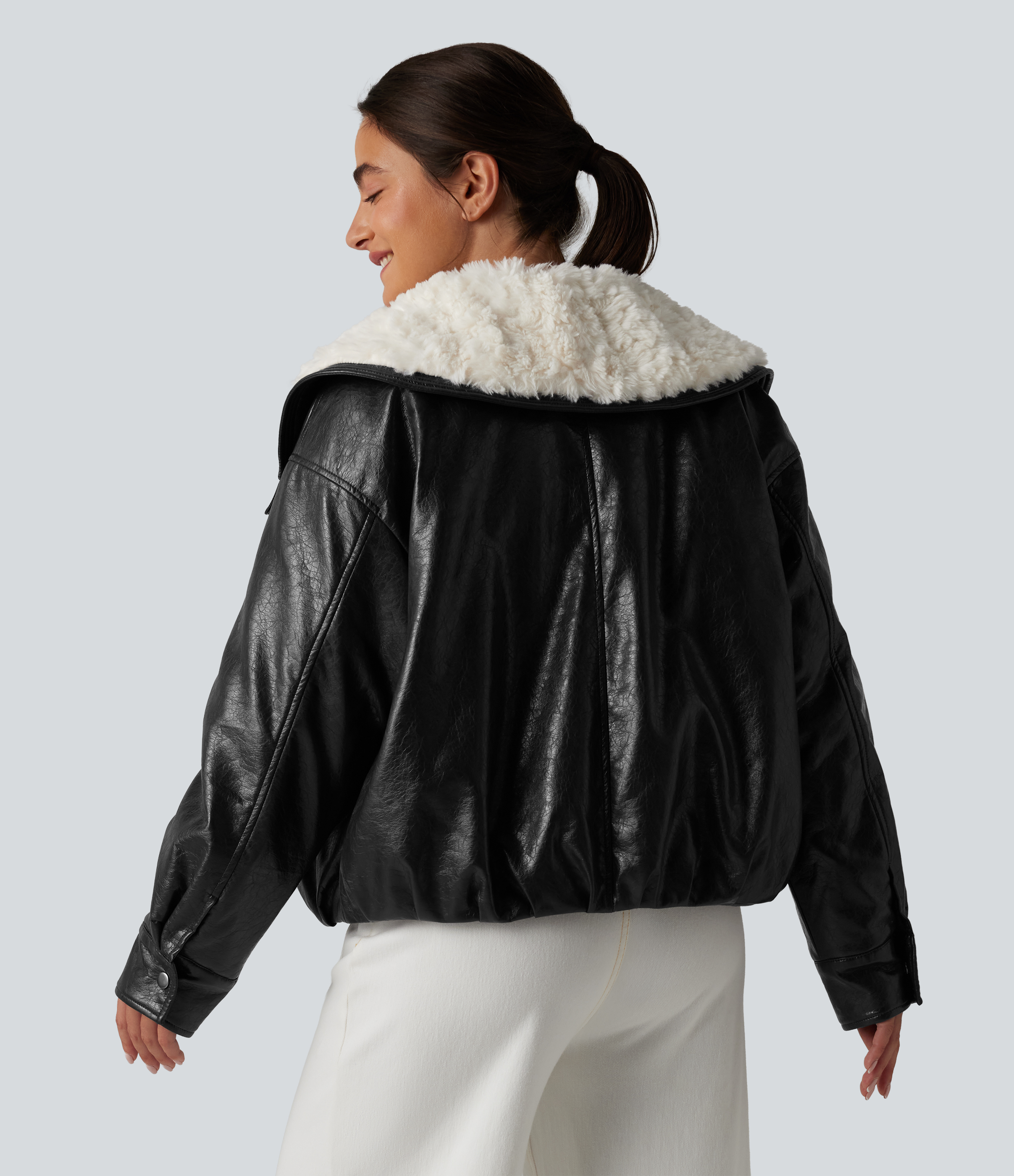 Black Faux Fur Collar Zip Fly Casual Faux Leather Jacket with Pockets / 2