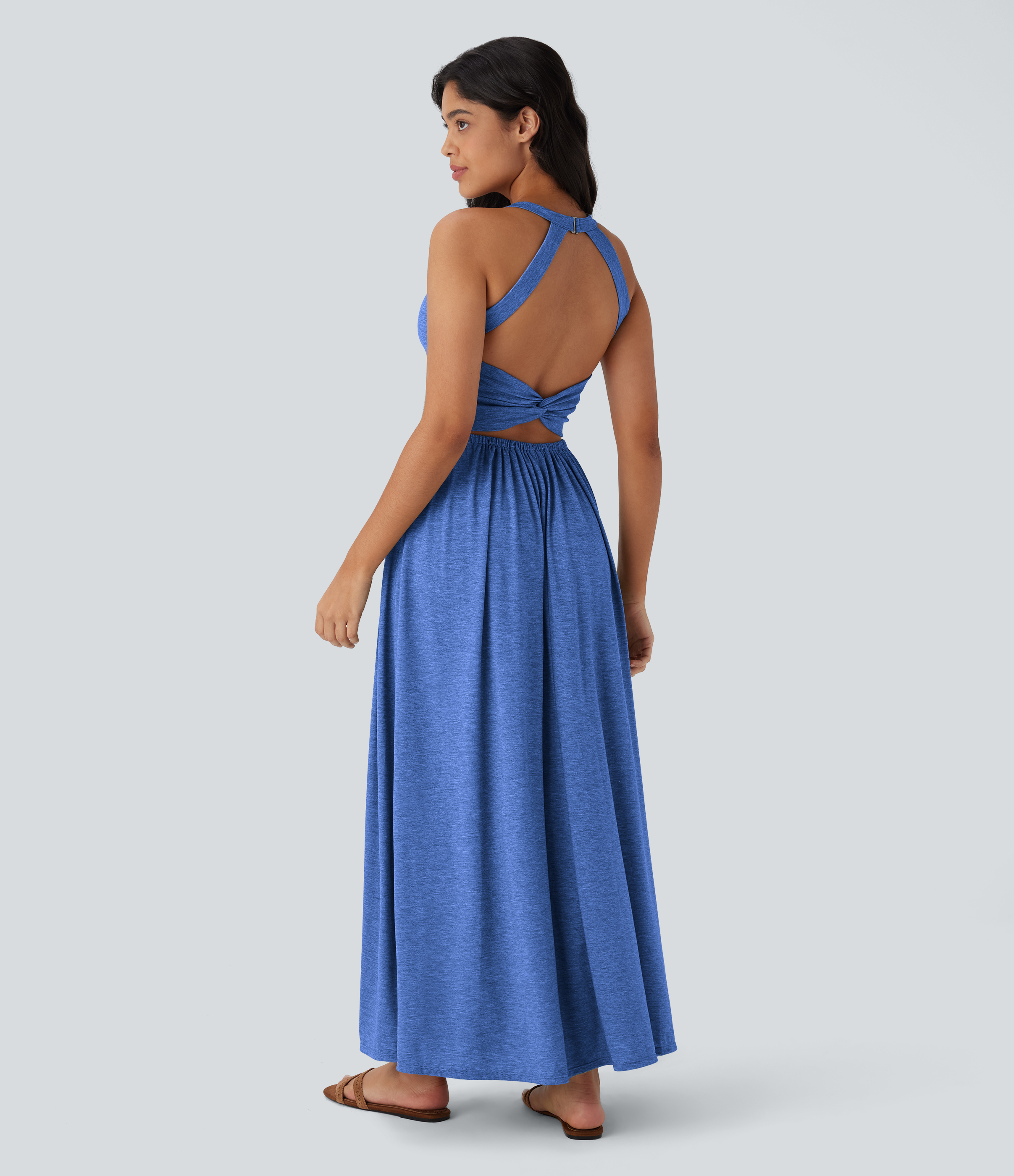 Robe longue fluide fendue avec poches latérales, dos nu et effet torsadé