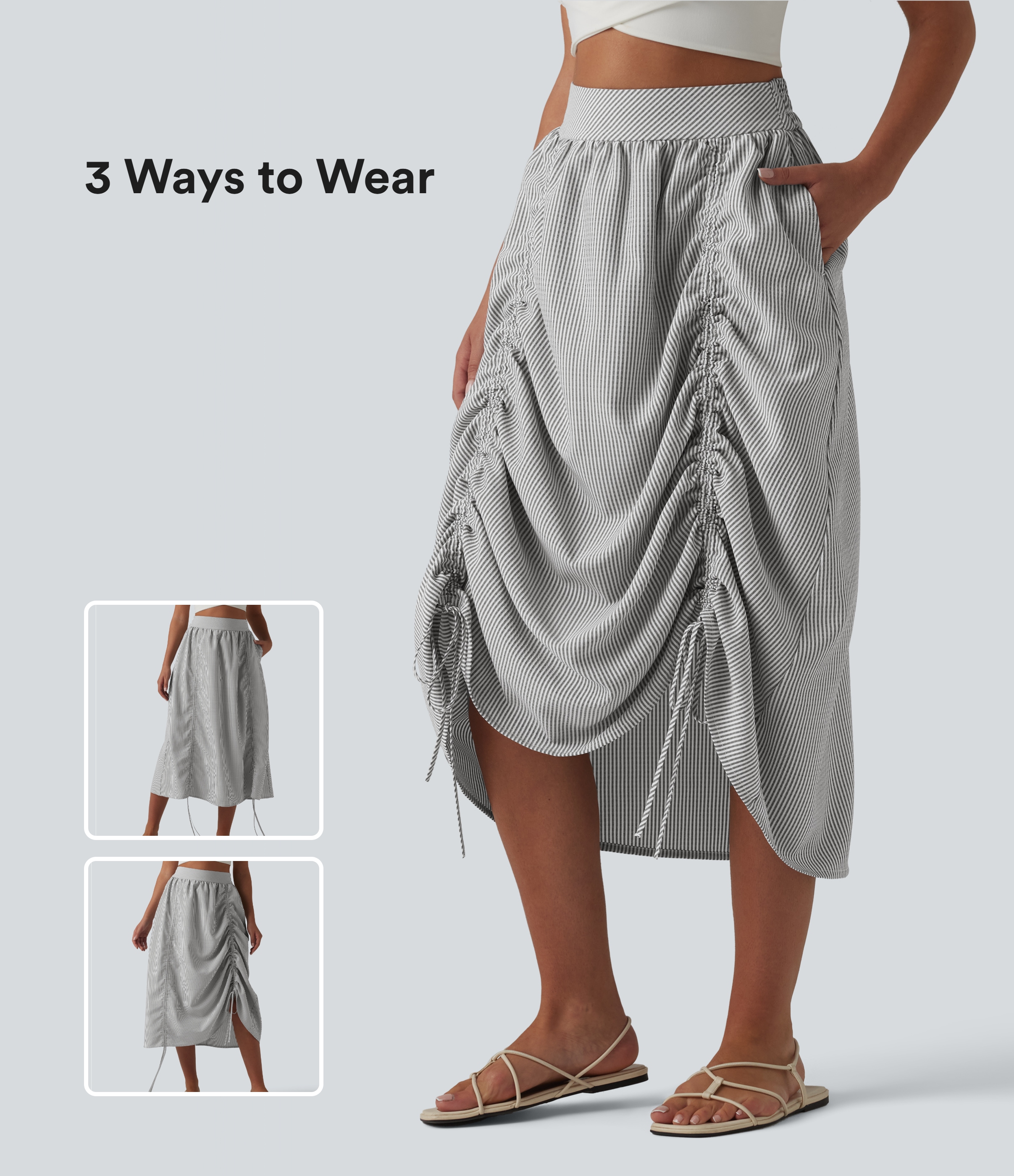 Jupe midi trapèze décontractée à rayures et taille haute avec cordon de serrage et poches