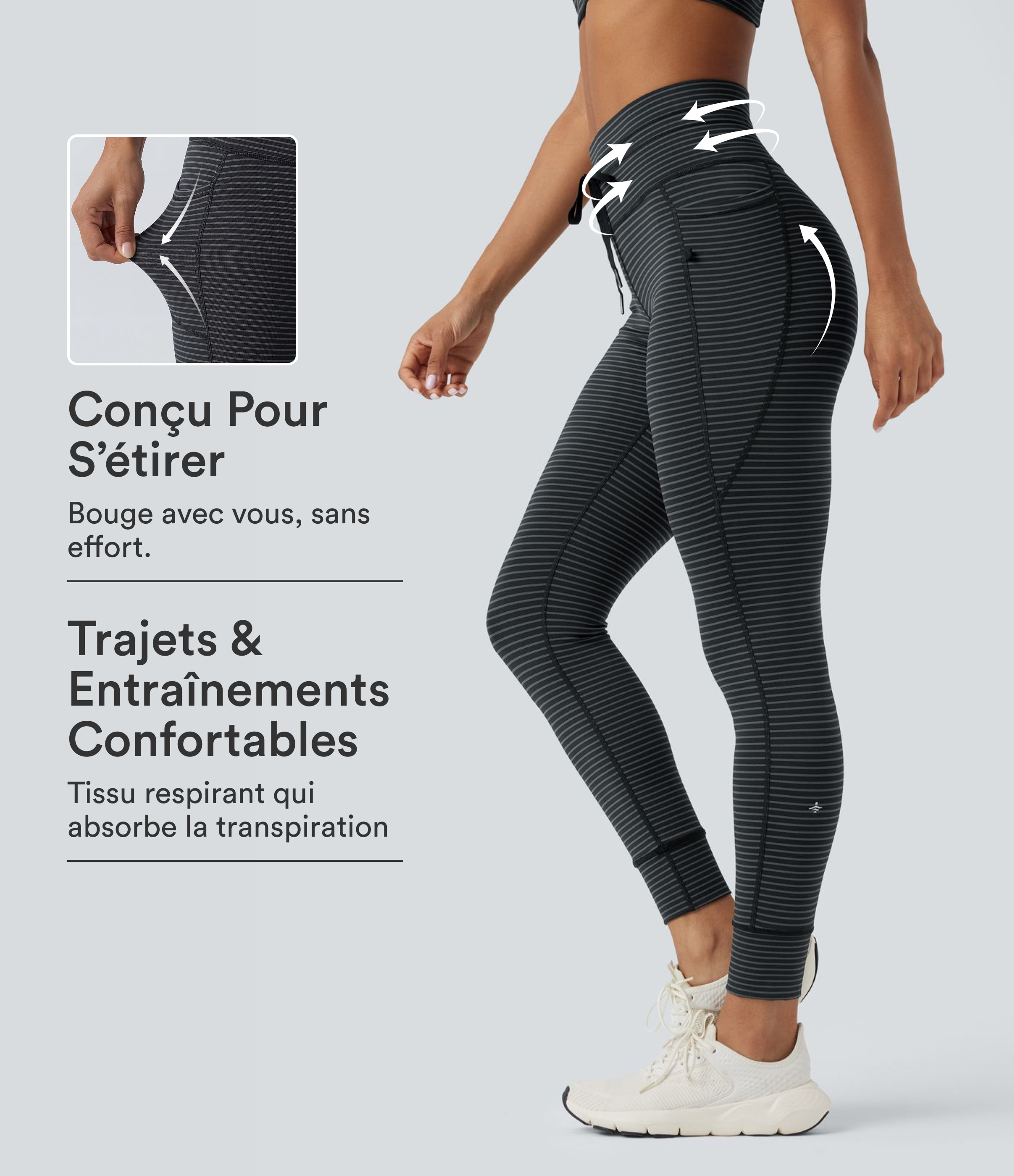 Yoga legging met hoge taille, strepen, trekkoord en zakken.