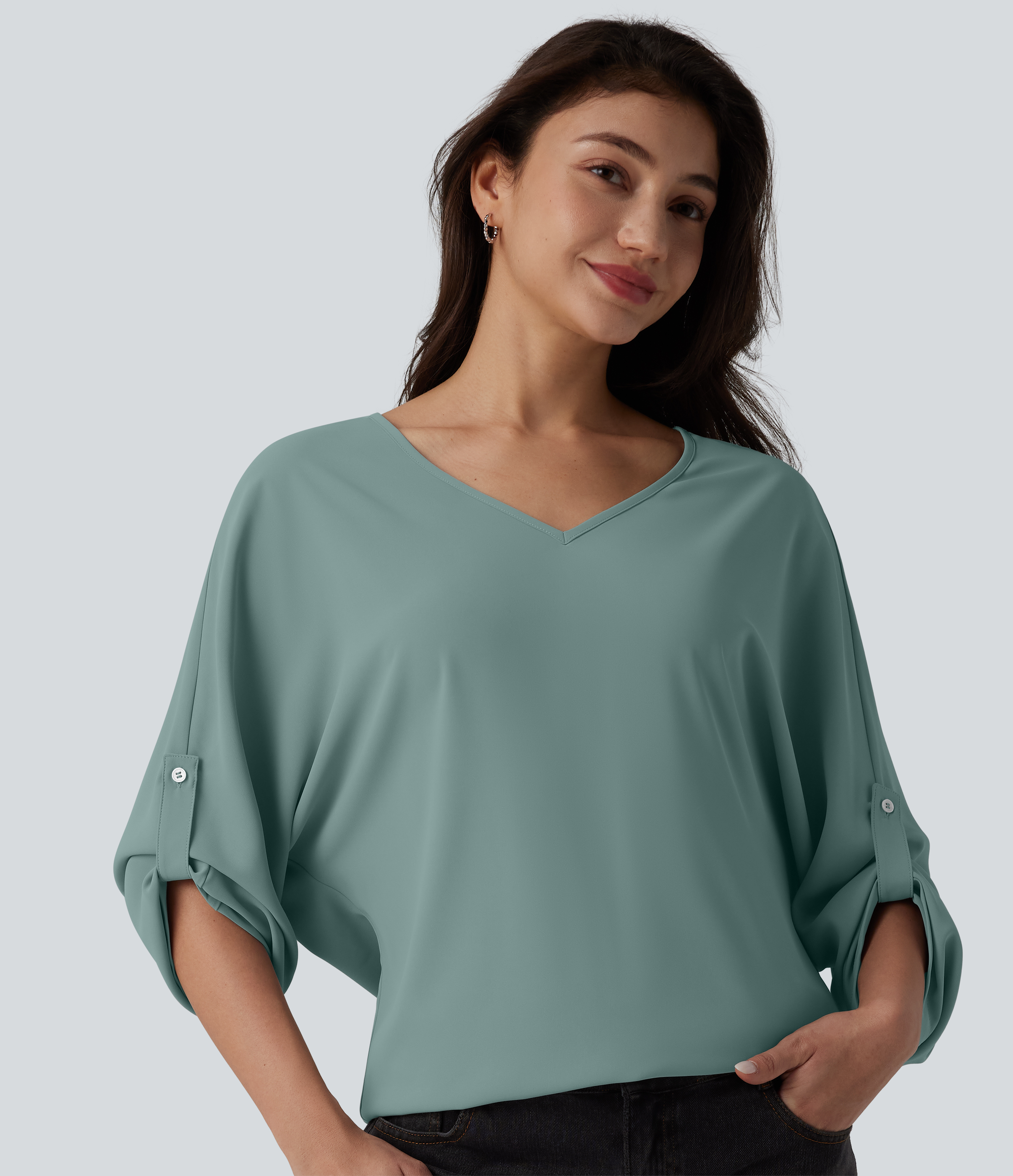 Wrinkle-resistant V Neck Long Sleeve Work Blouse