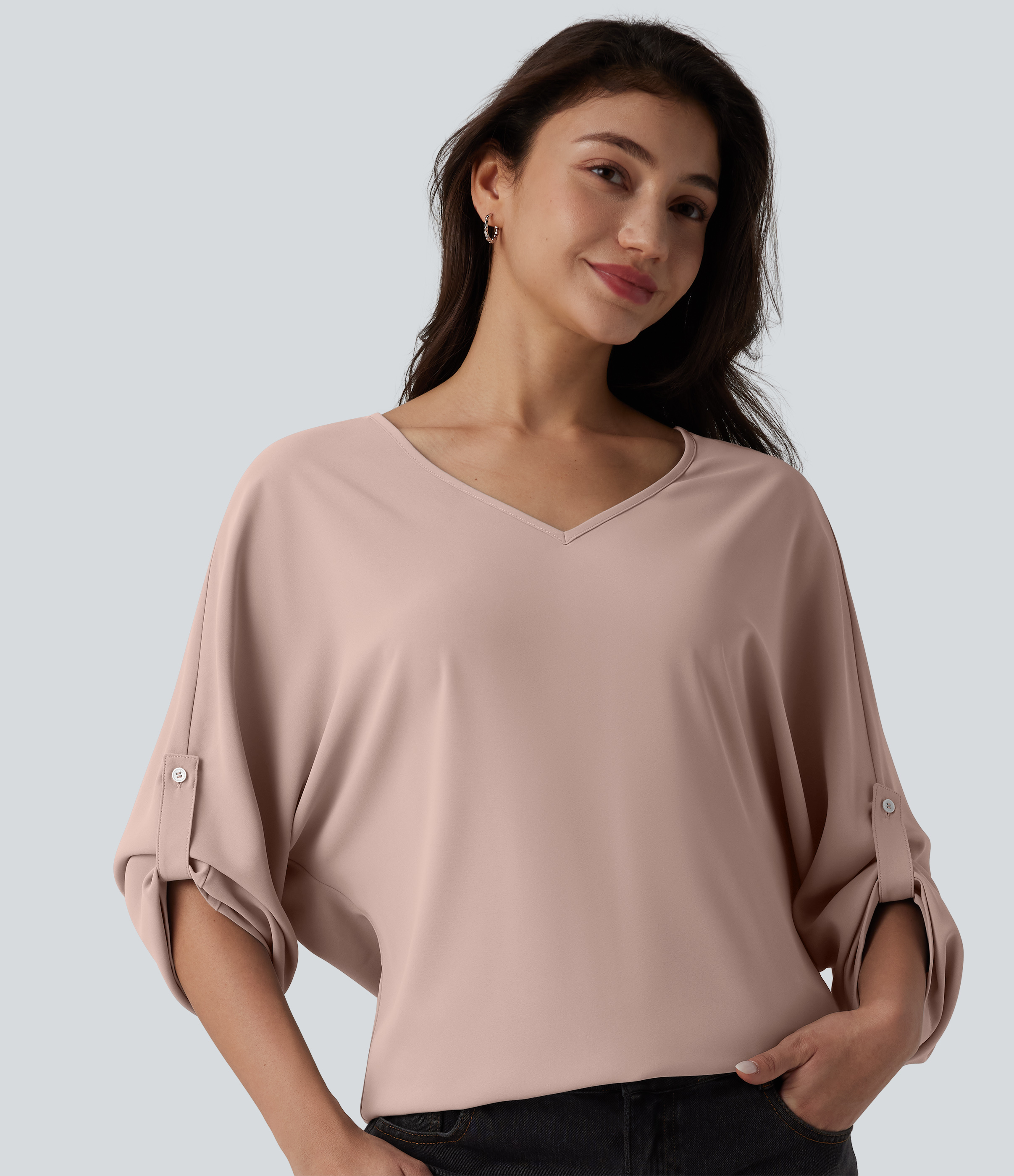 Wrinkle-resistant V Neck Long Sleeve Work Blouse