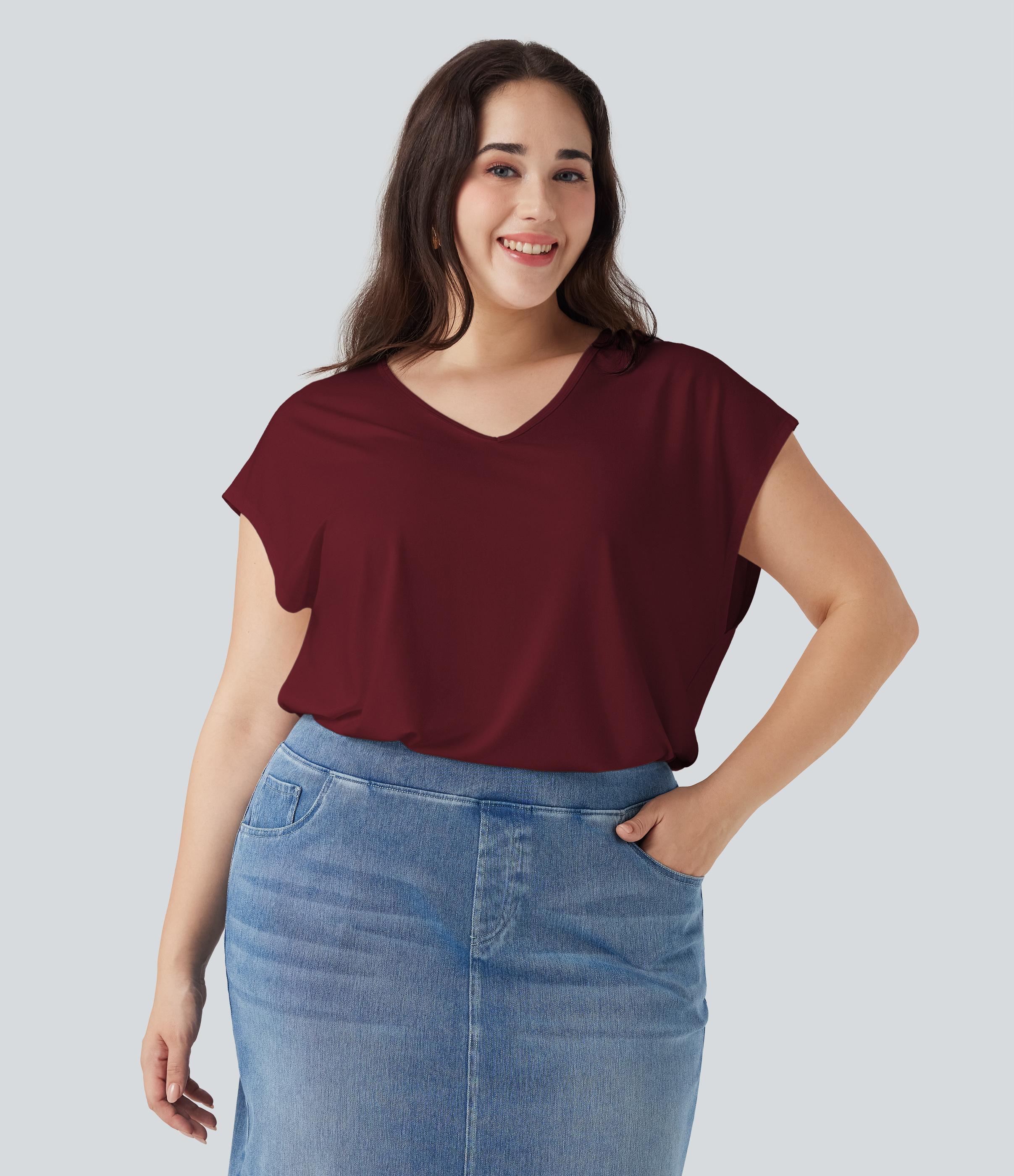 Camiseta casual de cuello en V de manga corta, tallas grandes