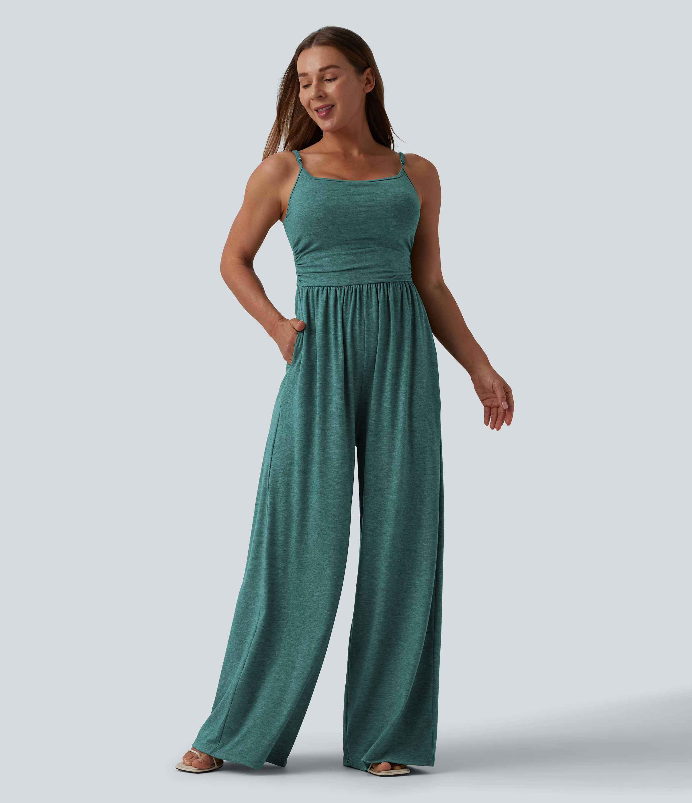 Adjustable Straps Ruched Wide Leg Heathered Casual Jumpsuit with Pockets-Easy Peezy