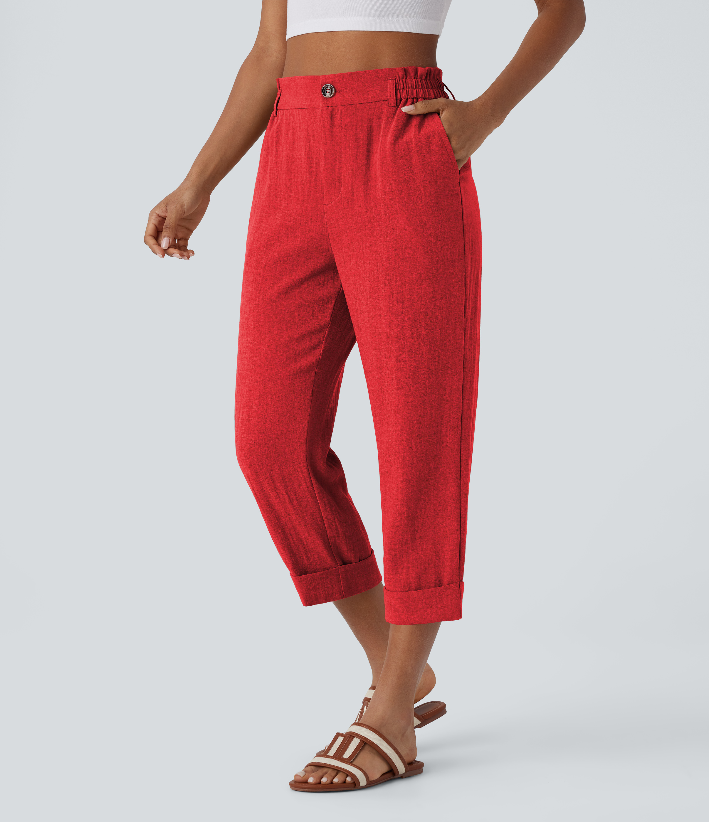 Pantalon capri effet lin taille haute avec poches zippées
