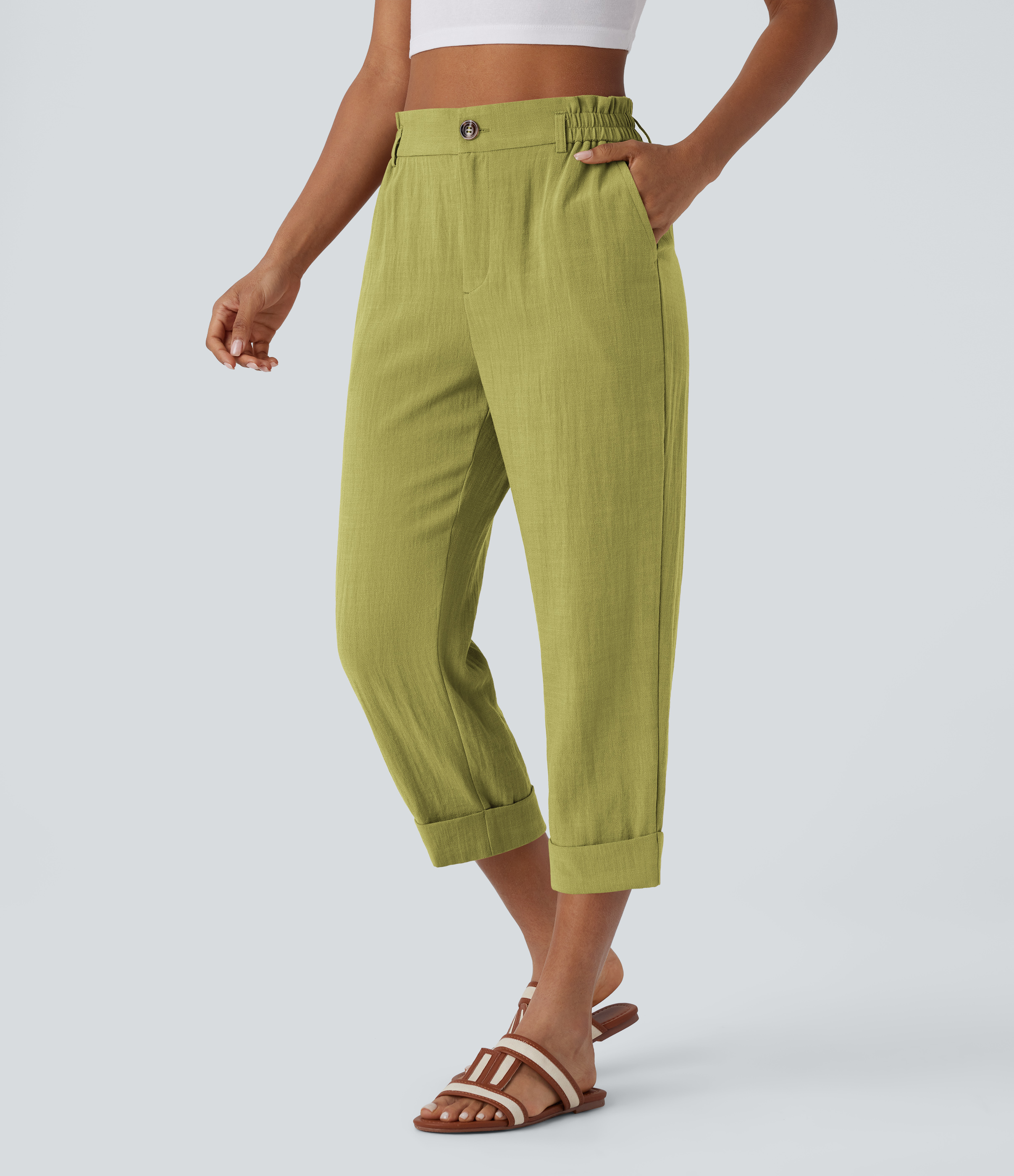 Pantalon capri effet lin taille haute avec poches zippées