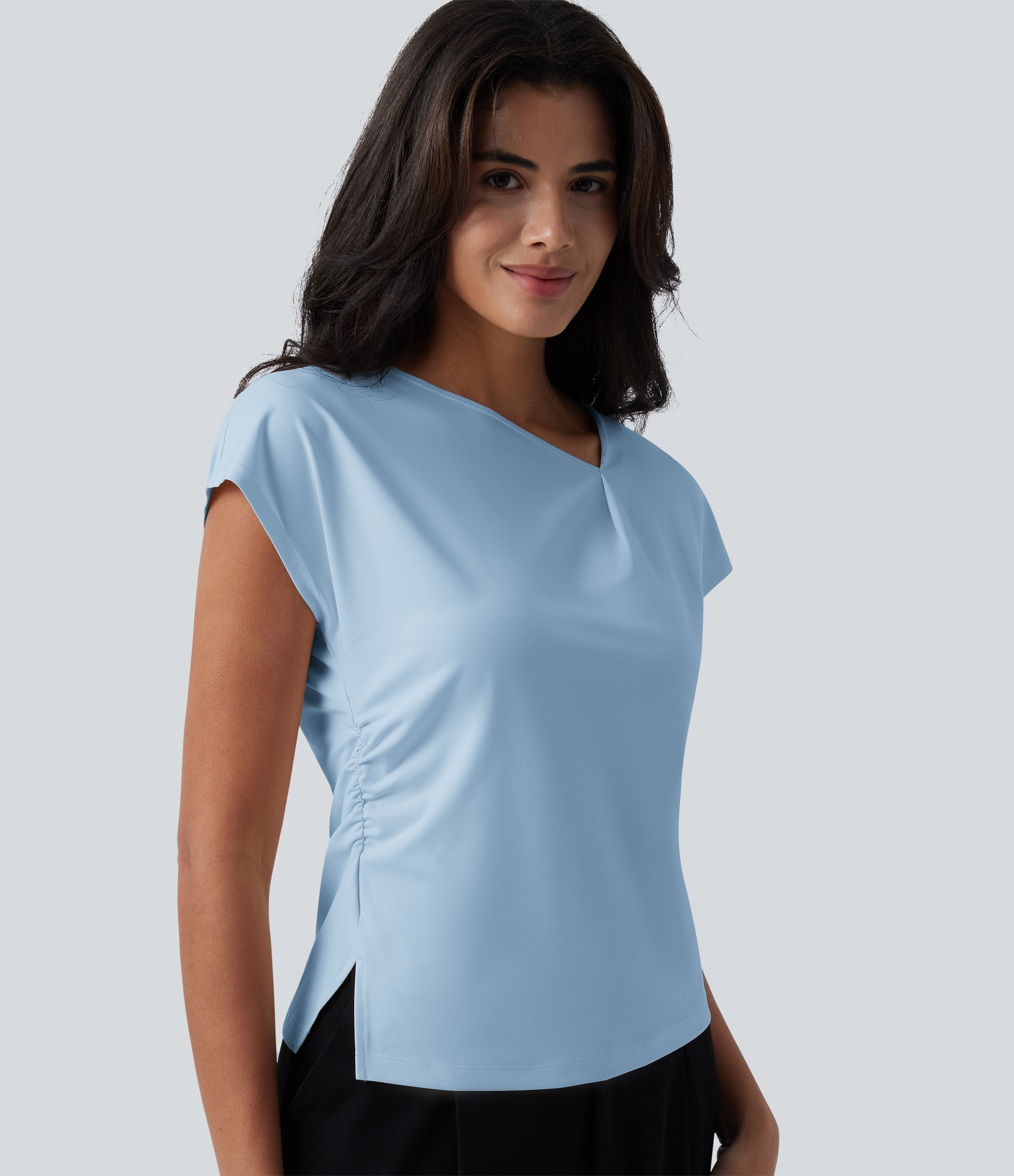 Asymmetric Cowl Neck Short Sleeve Ruched Split Hem Work Blouse