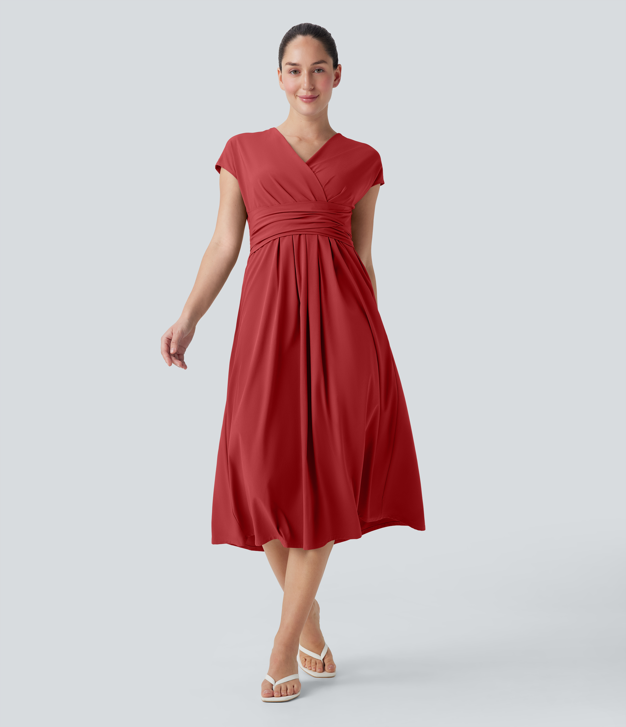 Breezeful™ V-Ausschnitt Kurzarm Tasche Rückenband Schnelltrocknend Midi Freizeitkleid