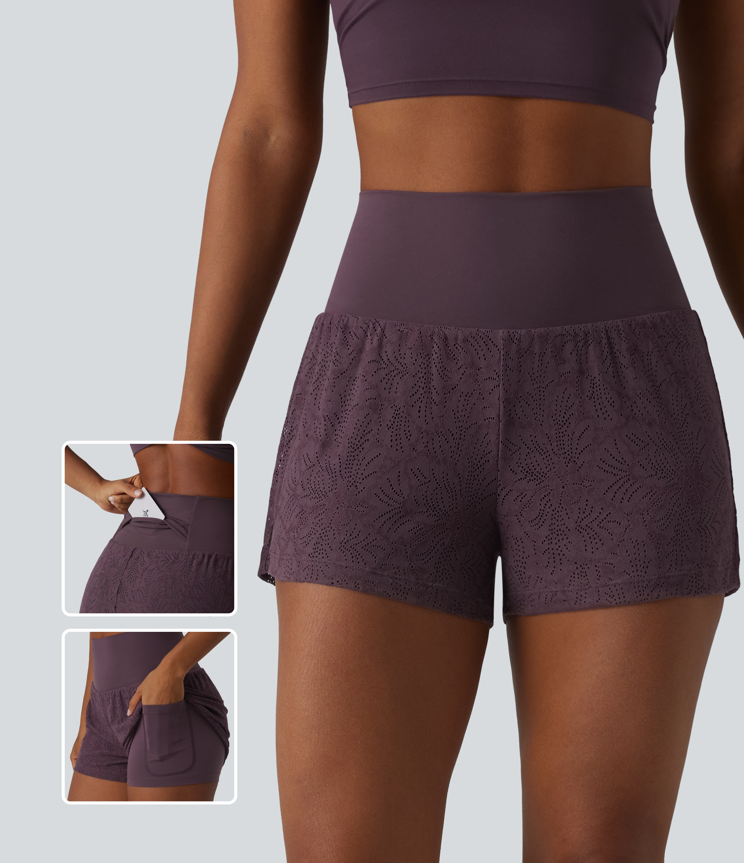 SoftlyZero™ High Waisted 2-in-1 Lace Workout Shorts 3'' with Pockets